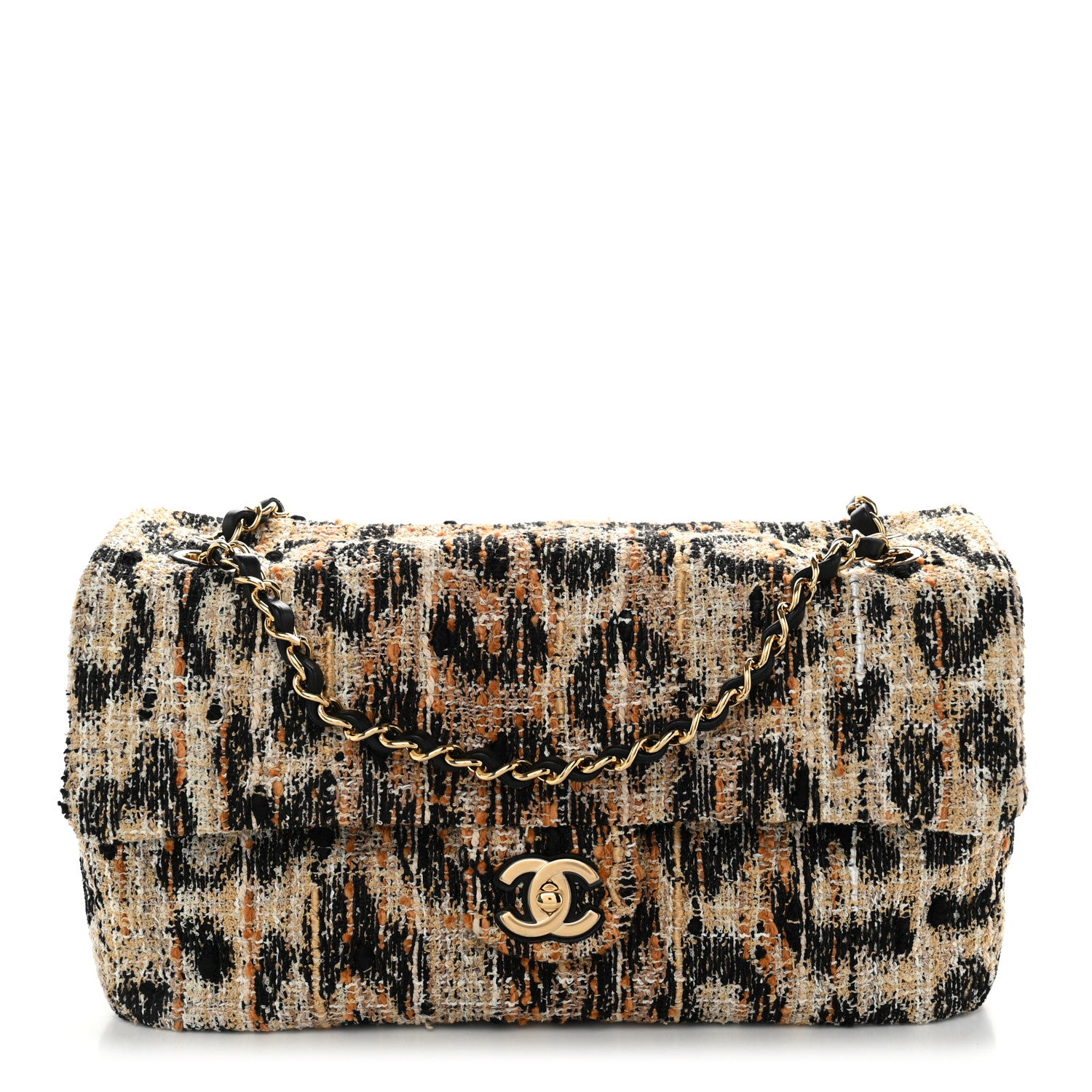 Tweed Mixed Fibers Leopard Print Small Souplissimo Maxi Flap Brown Black White