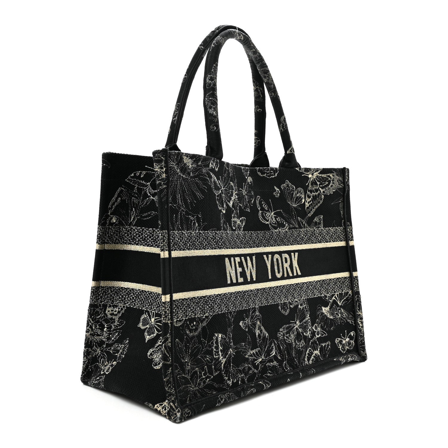 Canvas Embroidered Medium New York Butterfly Book Tote Black — view 3