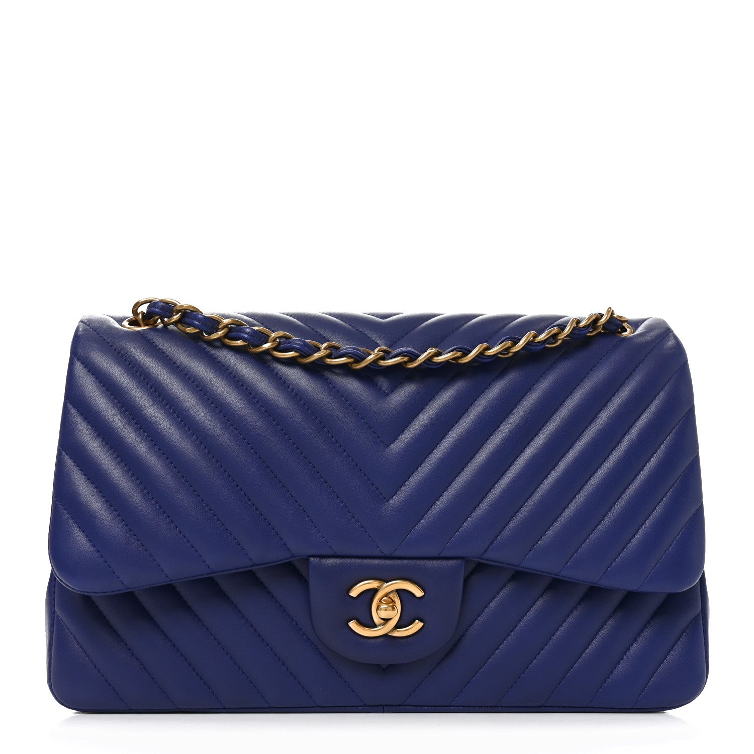 Lambskin Chevron Quilted Jumbo Double Flap Navy Blue
