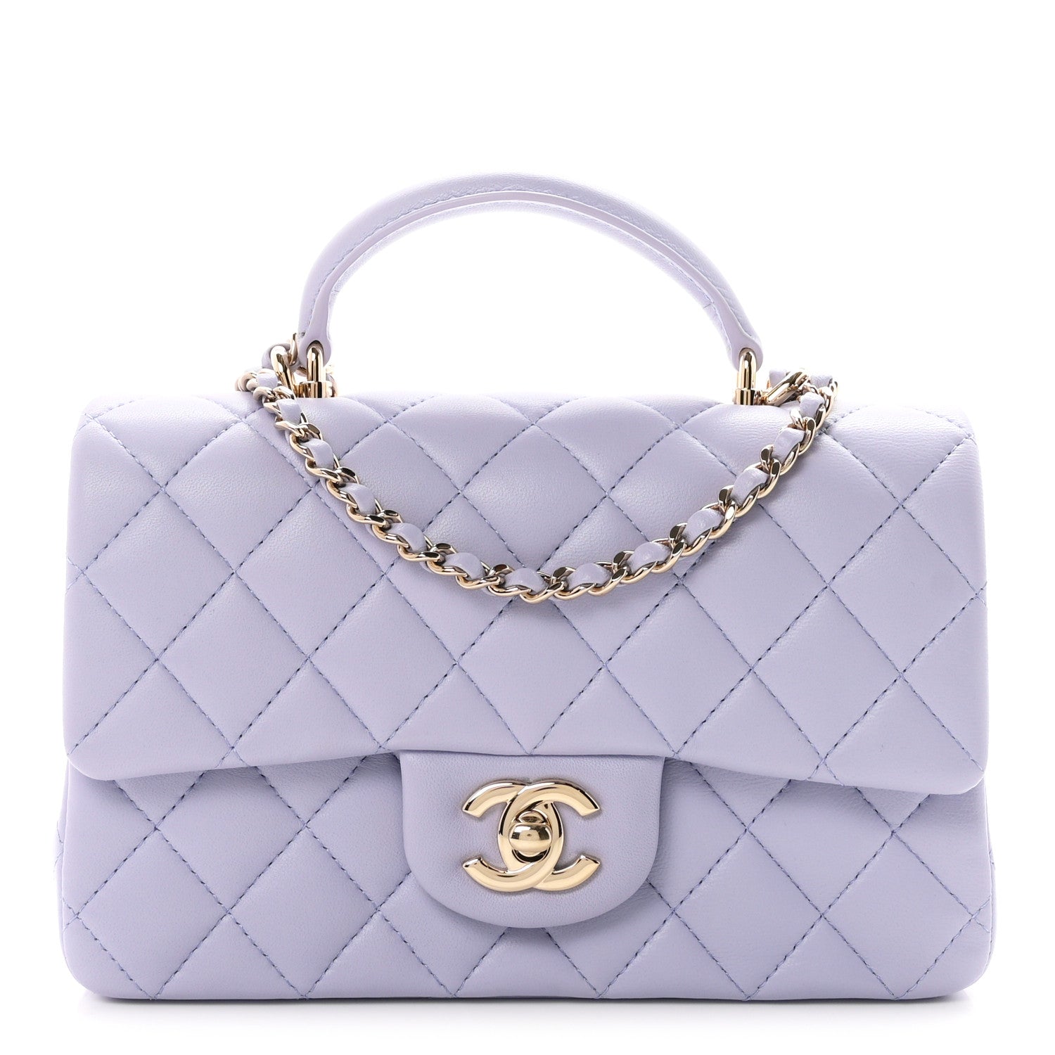 Lambskin Quilted Mini Top Handle Rectangular Flap Light Purple