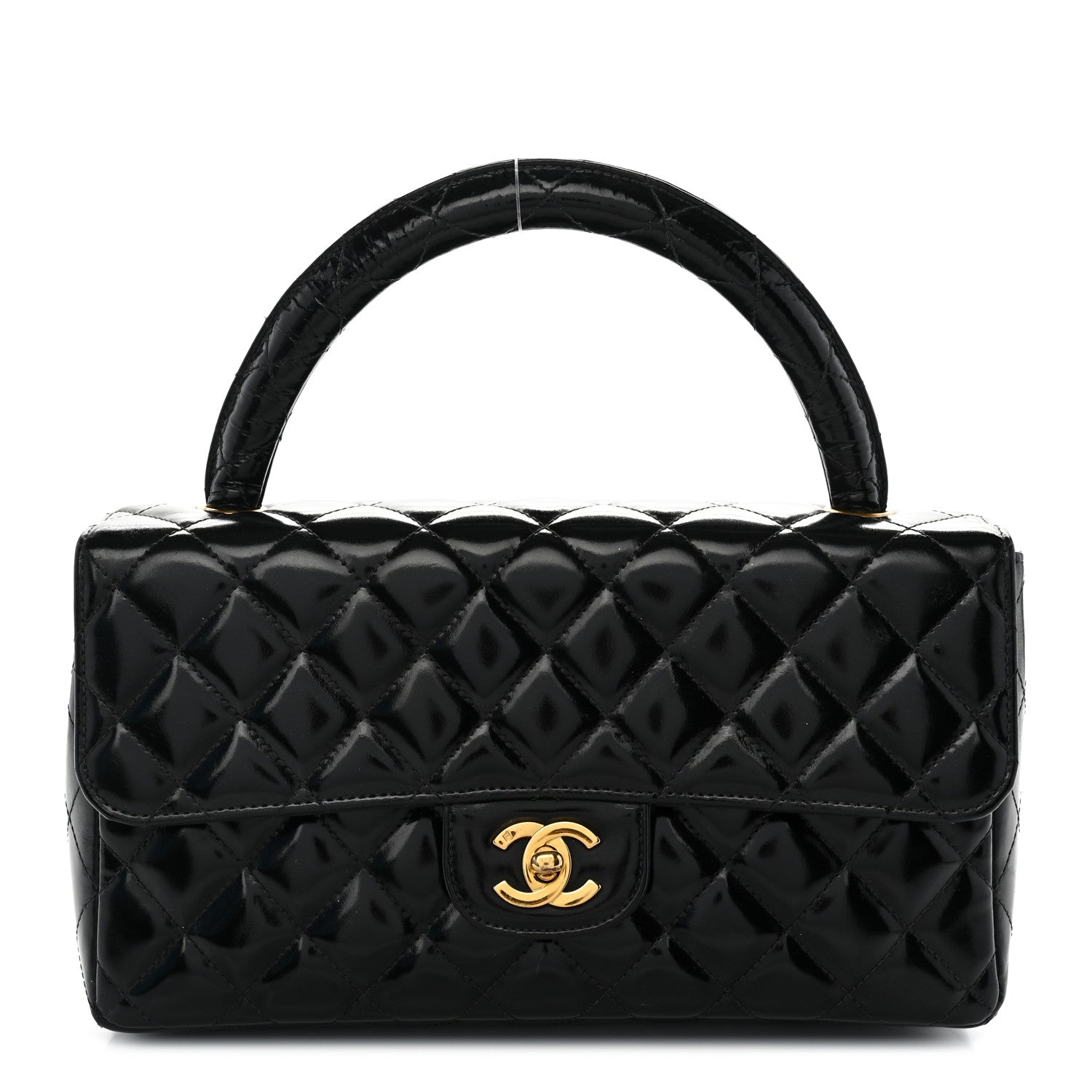 Patent Quilted Medium Rectangular Kelly Flap Bag Black