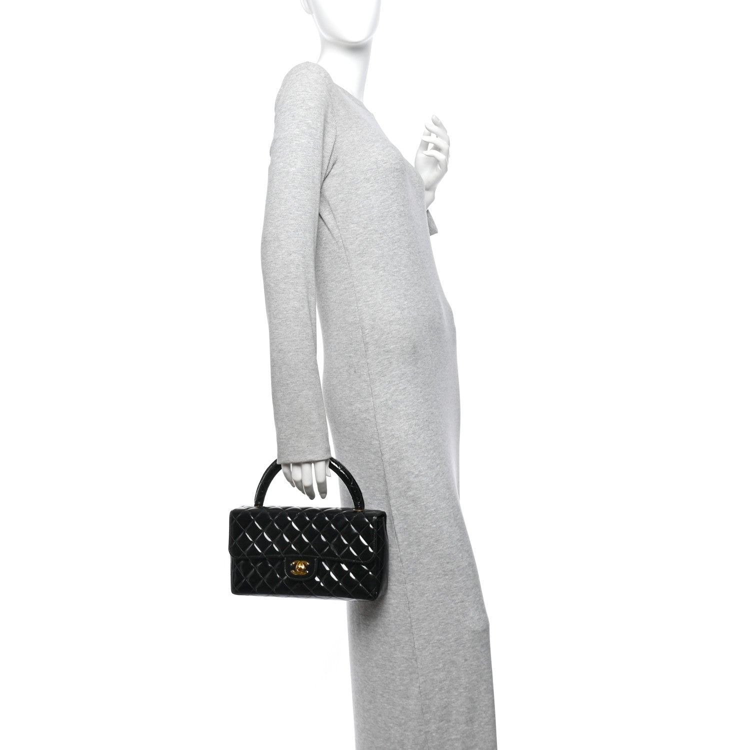 Patent Quilted Medium Rectangular Kelly Flap Bag Black — view 2