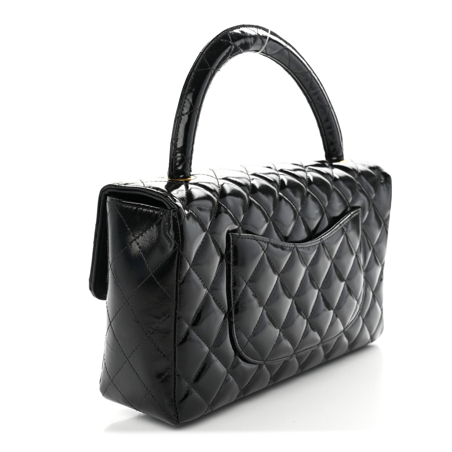 Patent Quilted Medium Rectangular Kelly Flap Bag Black — view 3