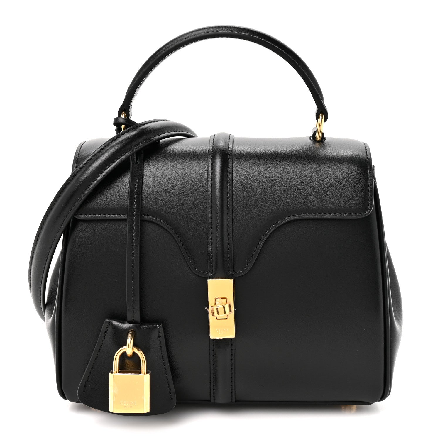 Satinated Calfskin Mini 16 Top Handle Bag Black