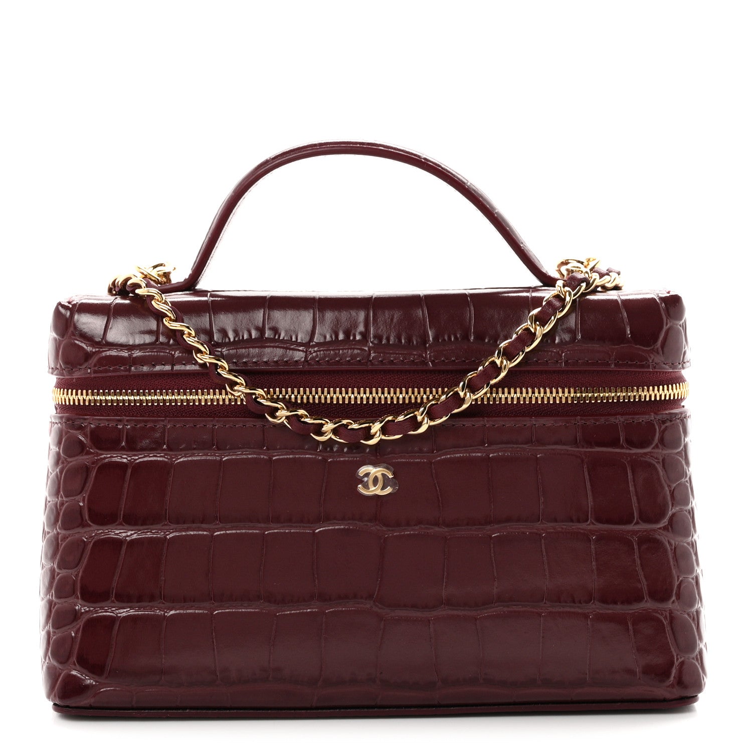 Calfskin Crocodile Embossed Top Handle Vanity Case With Chain Dark Burgundy