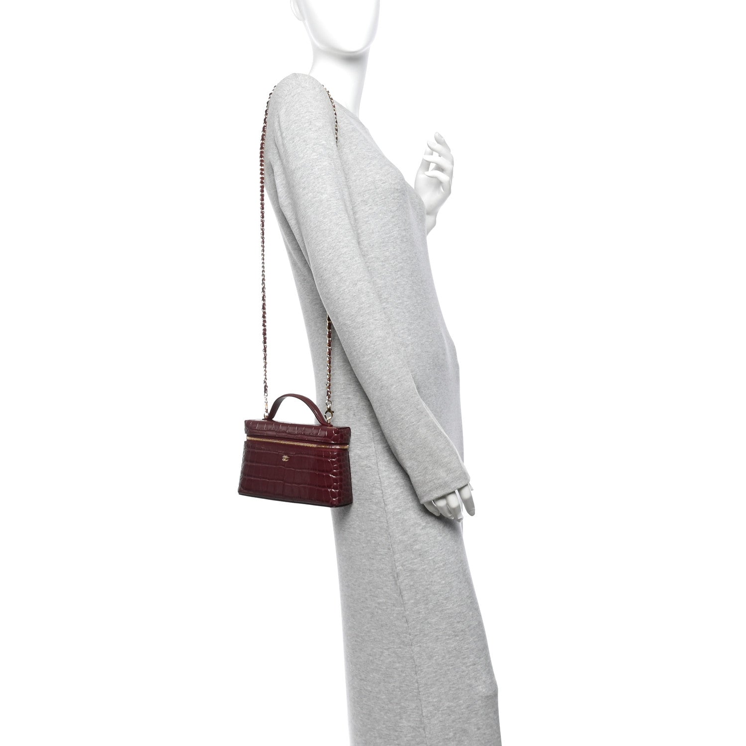 Calfskin Crocodile Embossed Top Handle Vanity Case With Chain Dark Burgundy — view 2