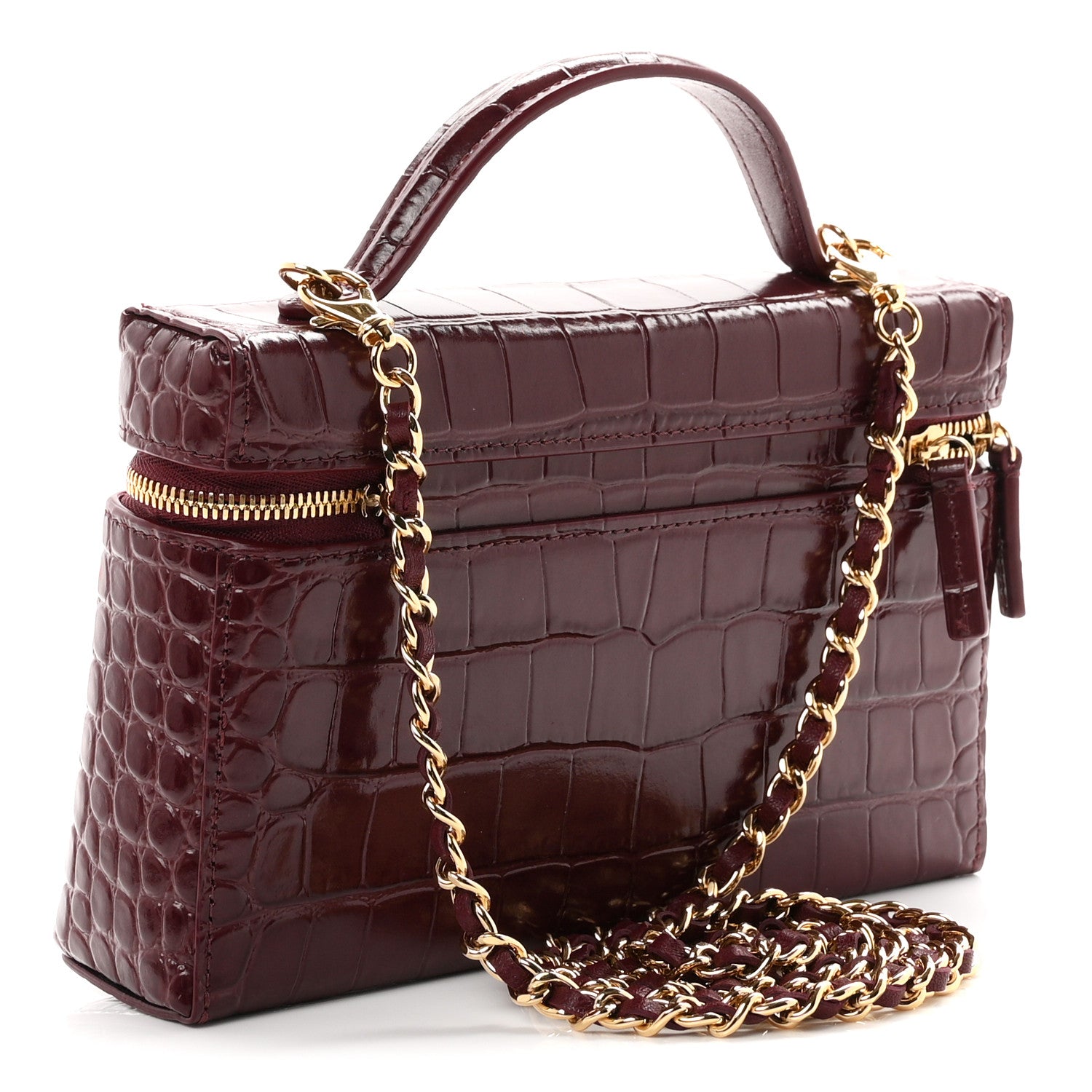 Calfskin Crocodile Embossed Top Handle Vanity Case With Chain Dark Burgundy — view 3