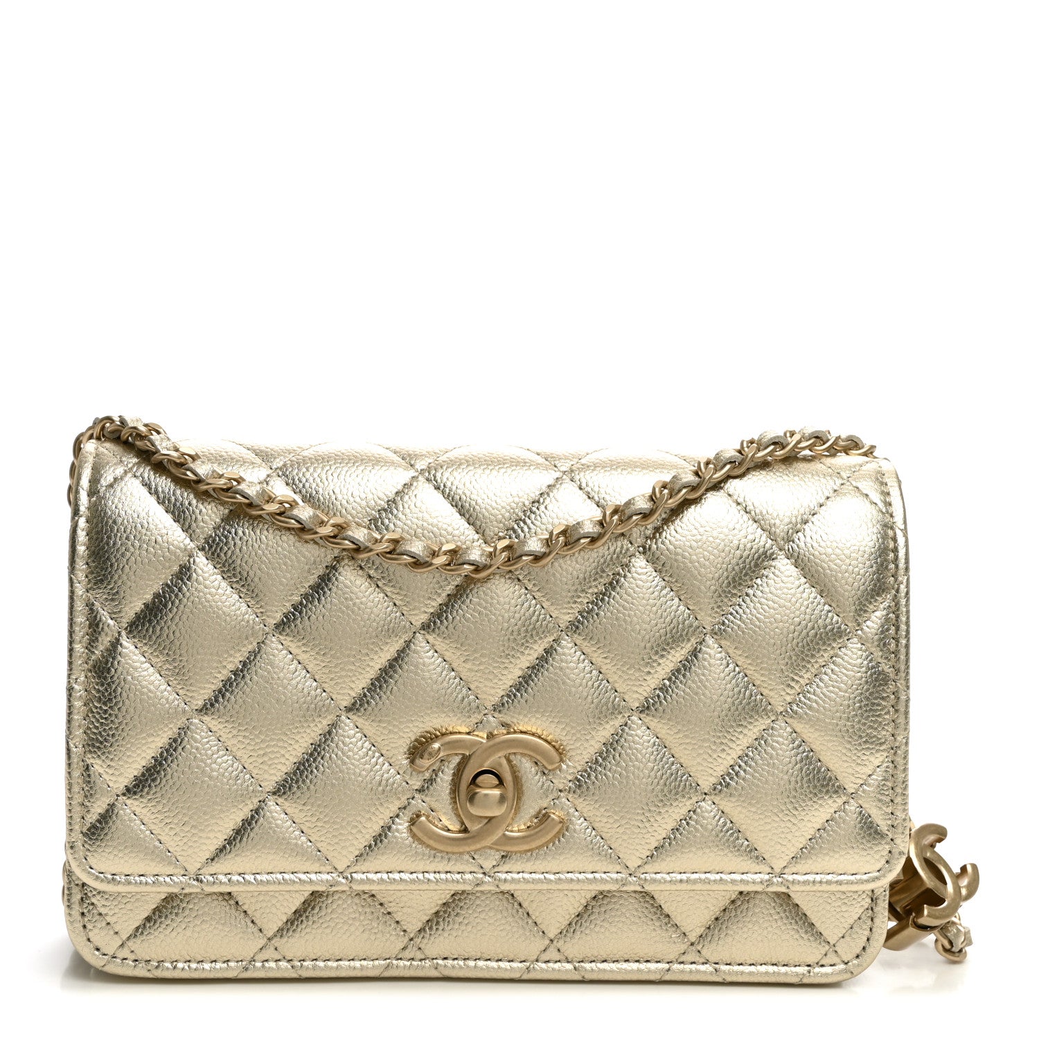 Metallic Caviar Quilted CC Crush Wallet On Chain WOC Light Gold