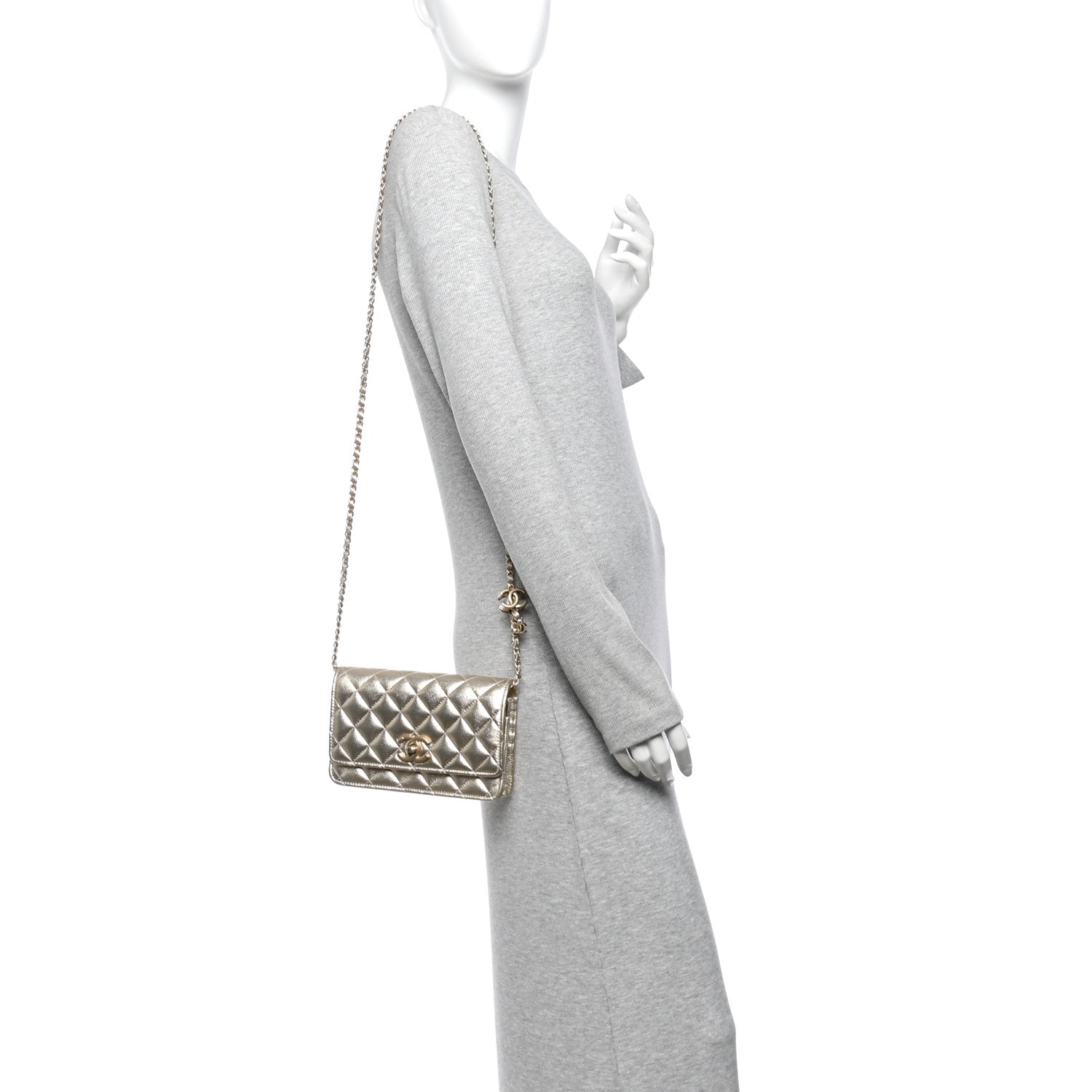 Metallic Caviar Quilted CC Crush Wallet On Chain WOC Light Gold — view 2