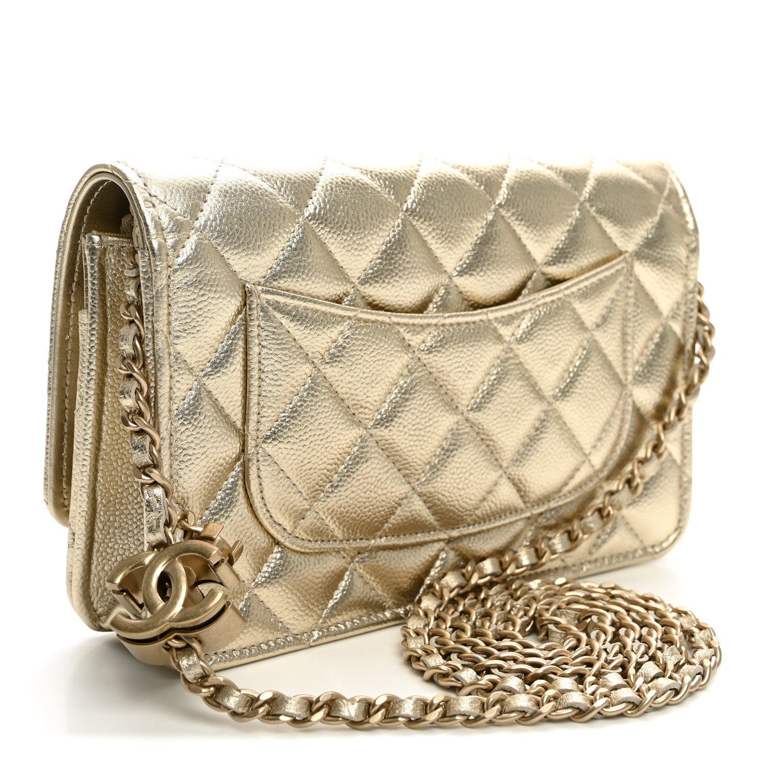 Metallic Caviar Quilted CC Crush Wallet On Chain WOC Light Gold — view 3