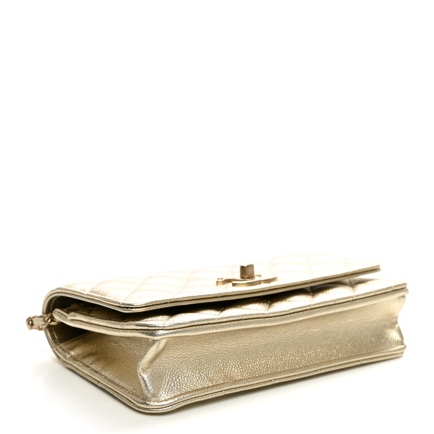 Metallic Caviar Quilted CC Crush Wallet On Chain WOC Light Gold — view 4