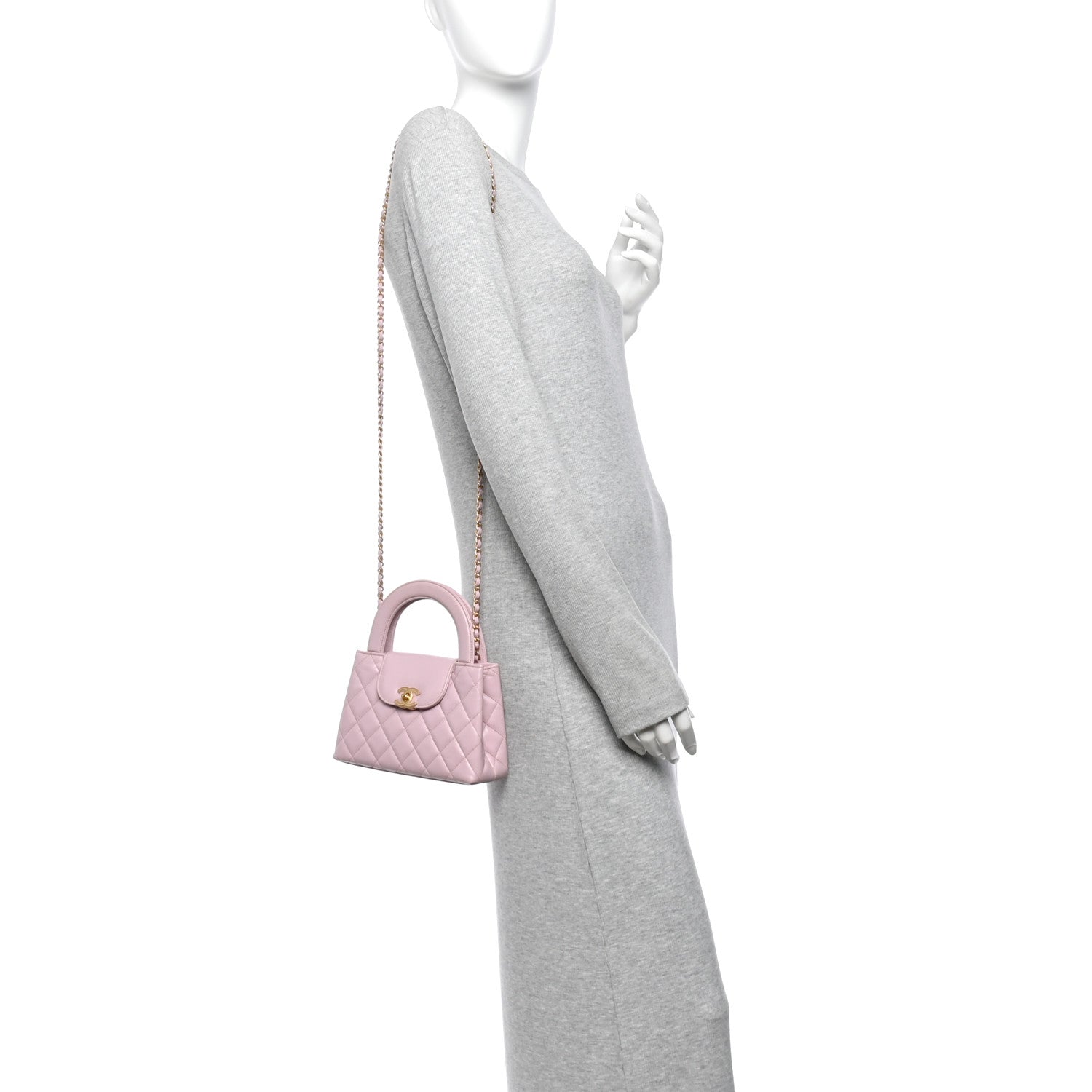 Shiny Aged Calfskin Quilted Nano Kelly Shopper Pink — view 2