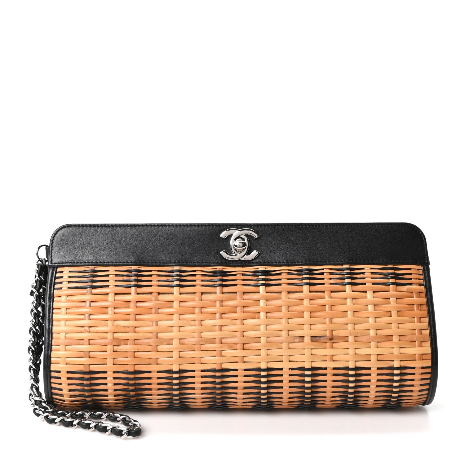 Rattan Calfskin CC Chain Wristlet Clutch Black Beige