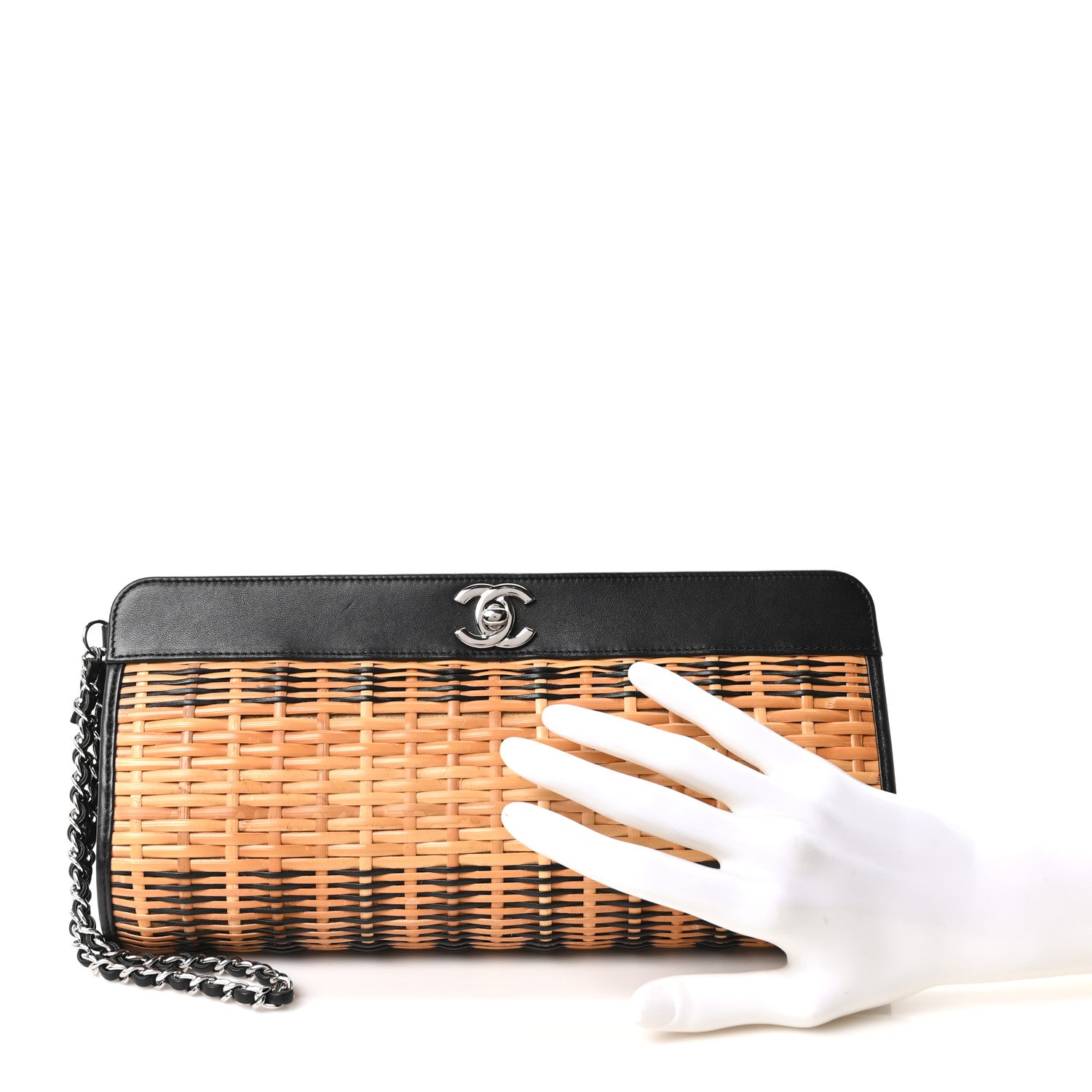 Rattan Calfskin CC Chain Wristlet Clutch Black Beige — view 2