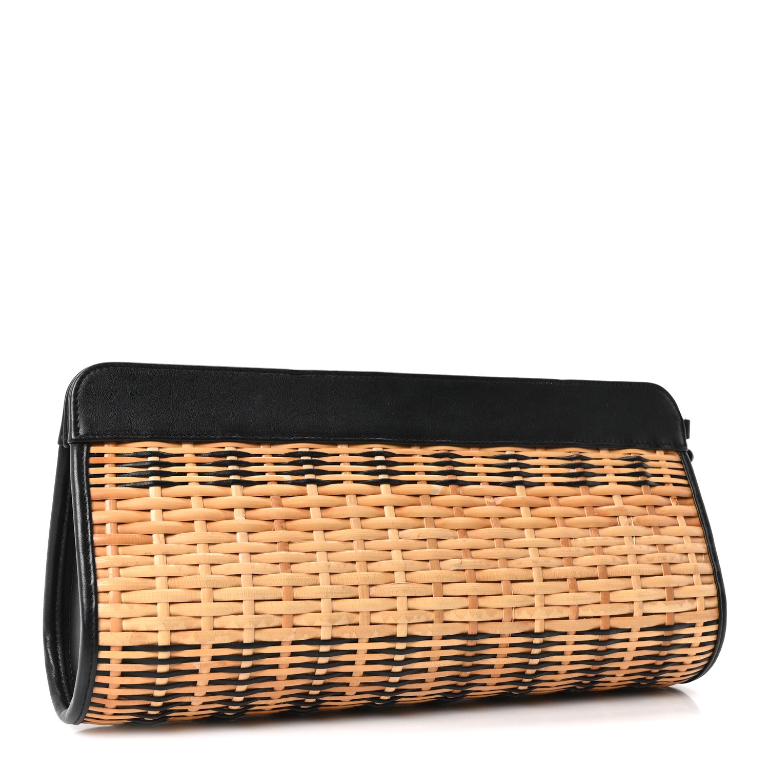 Rattan Calfskin CC Chain Wristlet Clutch Black Beige — view 3