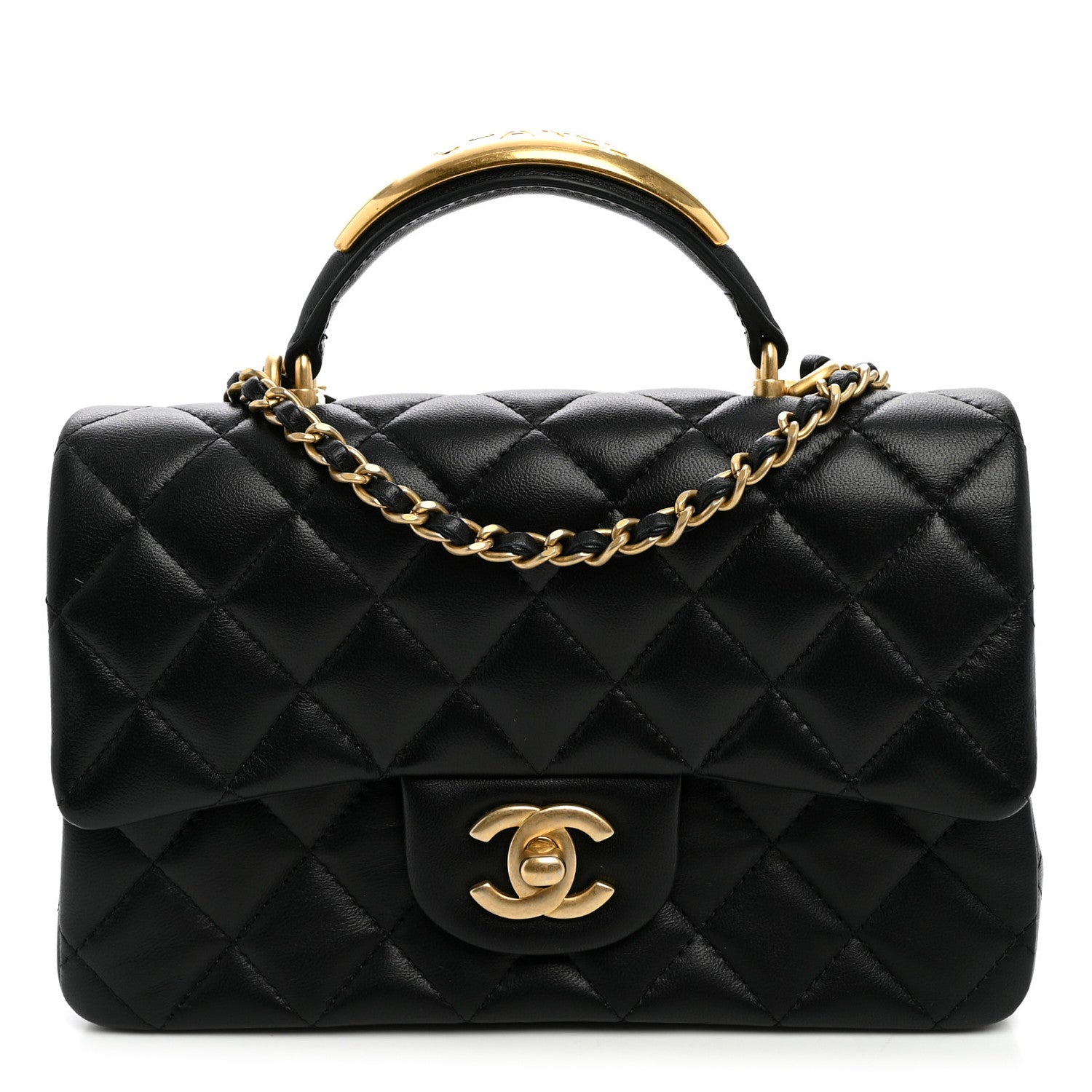 Lambskin Quilted Metal Mini Top Handle Rectangular Flap Black