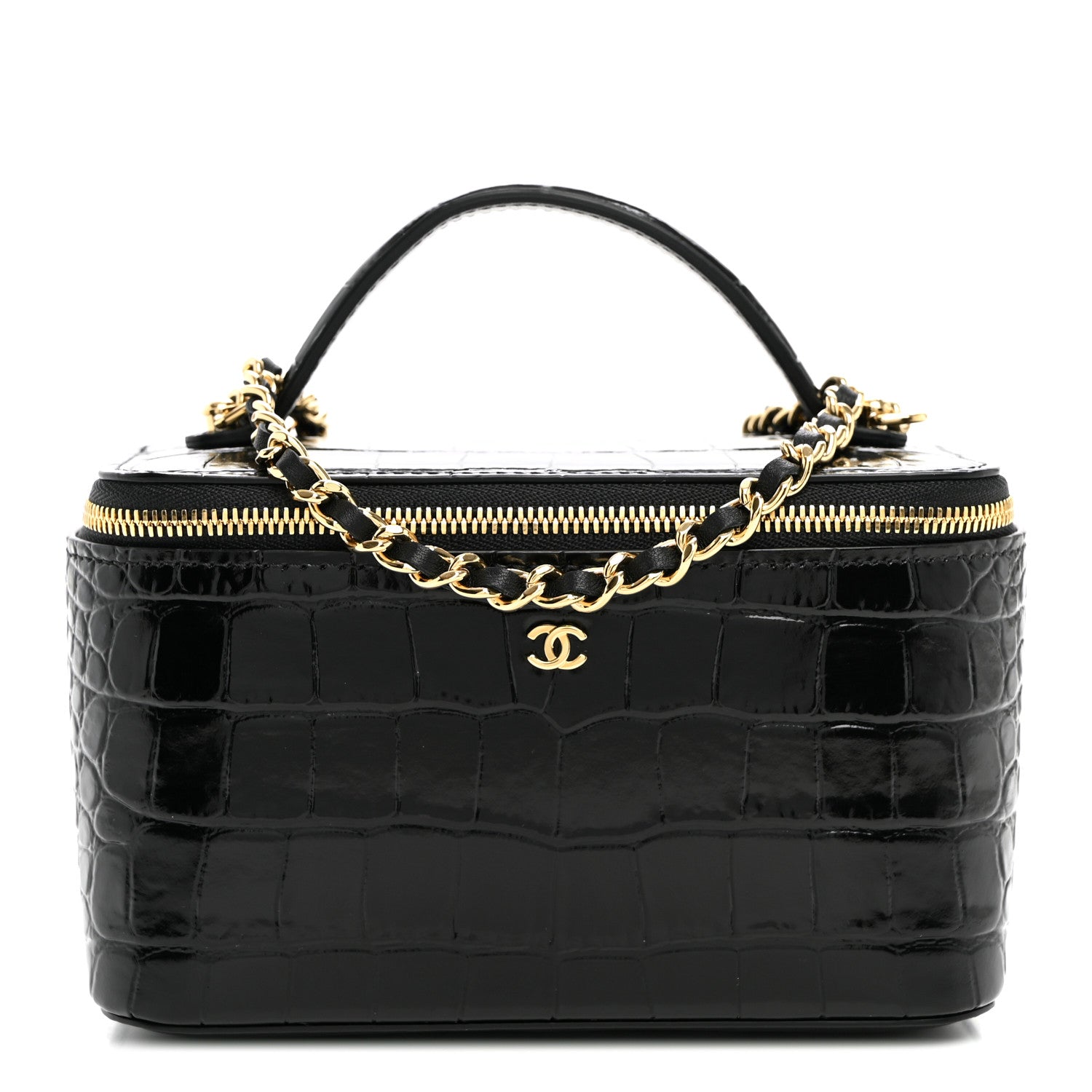 Calfskin Crocodile Embossed Exoticoco Small Top Handle Vanity Case With Chain Black Black — view 1