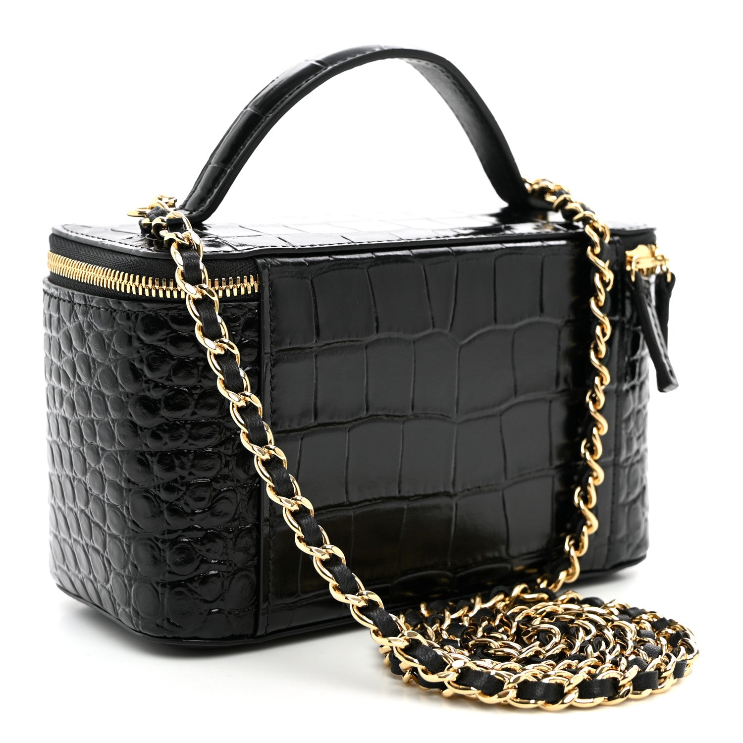 Calfskin Crocodile Embossed Exoticoco Small Top Handle Vanity Case With Chain Black Black — view 3