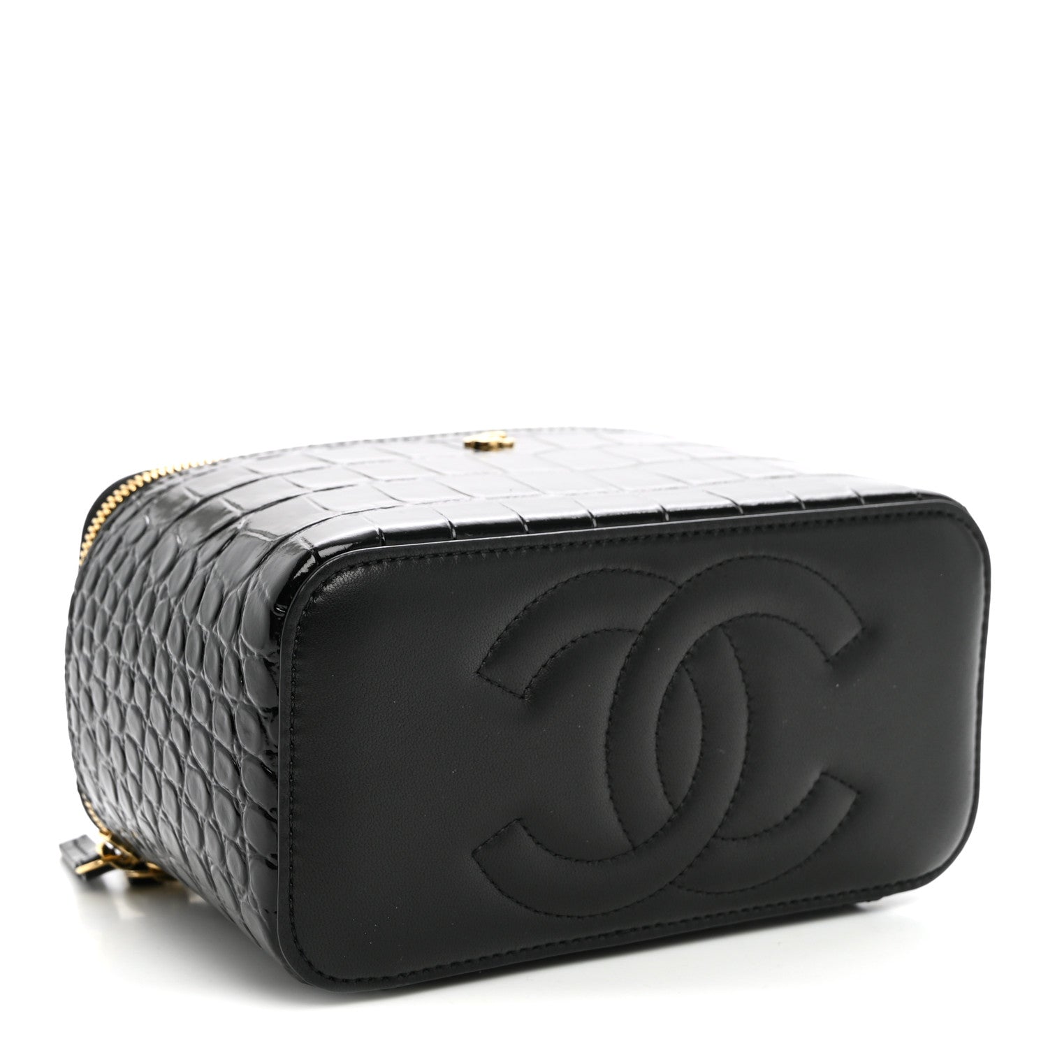 Calfskin Crocodile Embossed Exoticoco Small Top Handle Vanity Case With Chain Black Black — view 4
