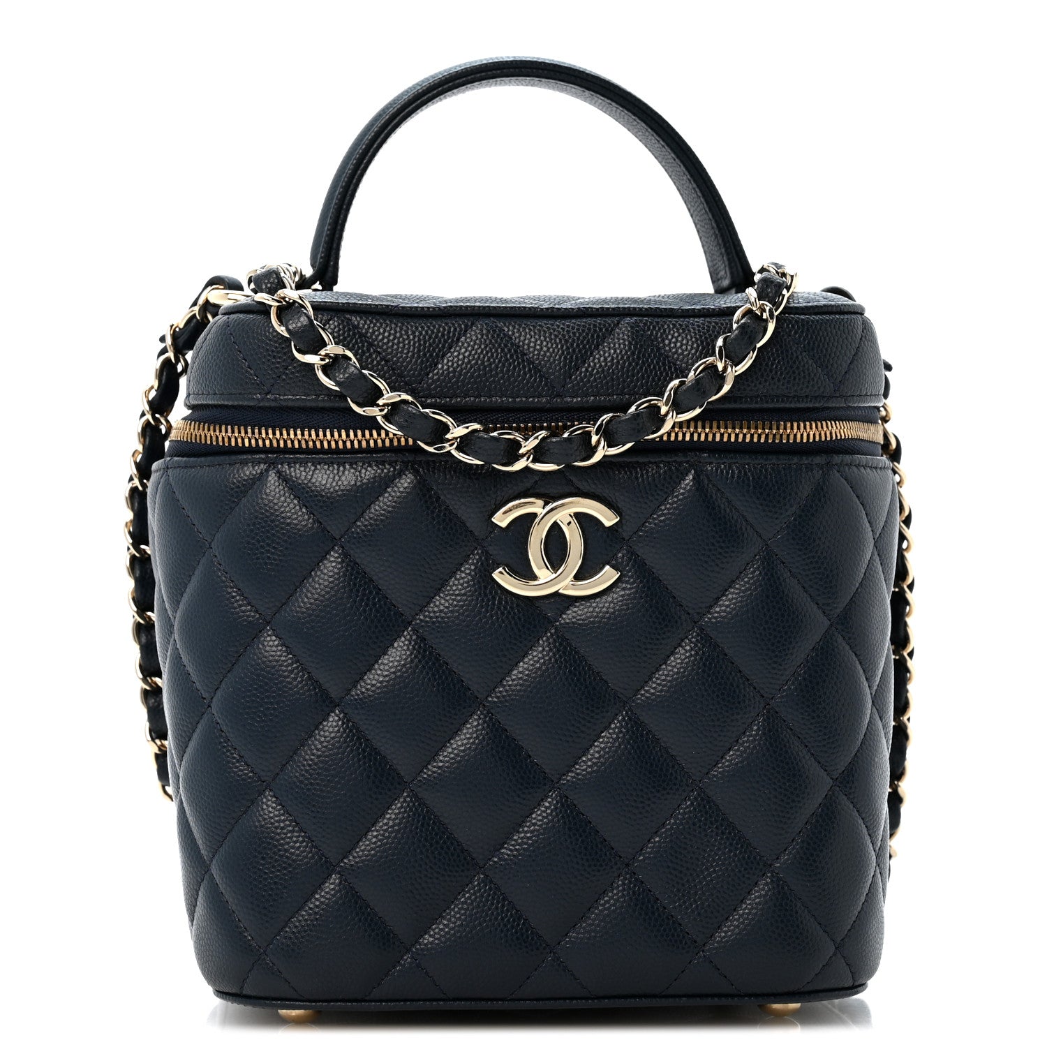 Caviar Quilted Small Top Handle Vanity Case With Chain Navy Blue