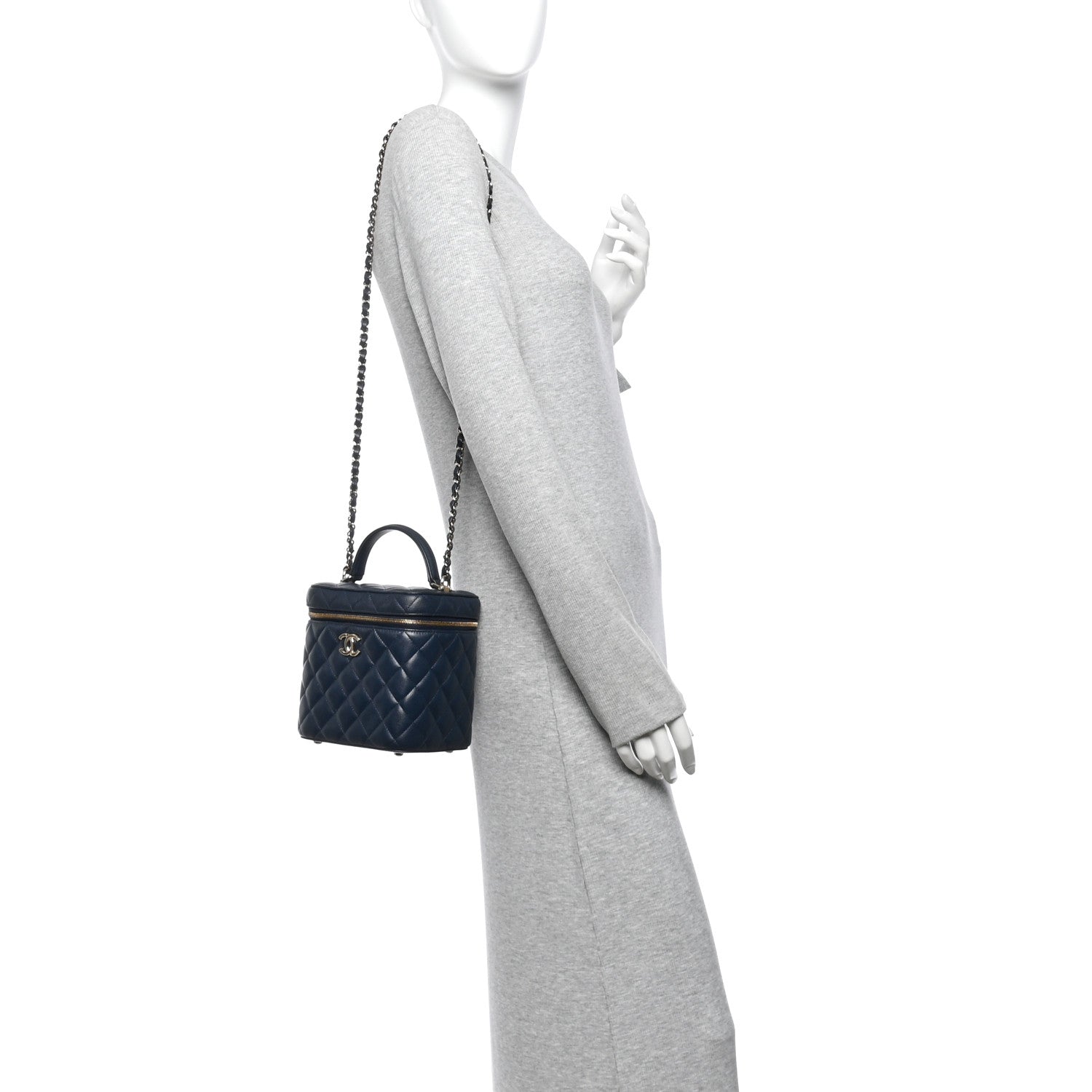 Caviar Quilted Small Top Handle Vanity Case With Chain Navy Blue — view 2