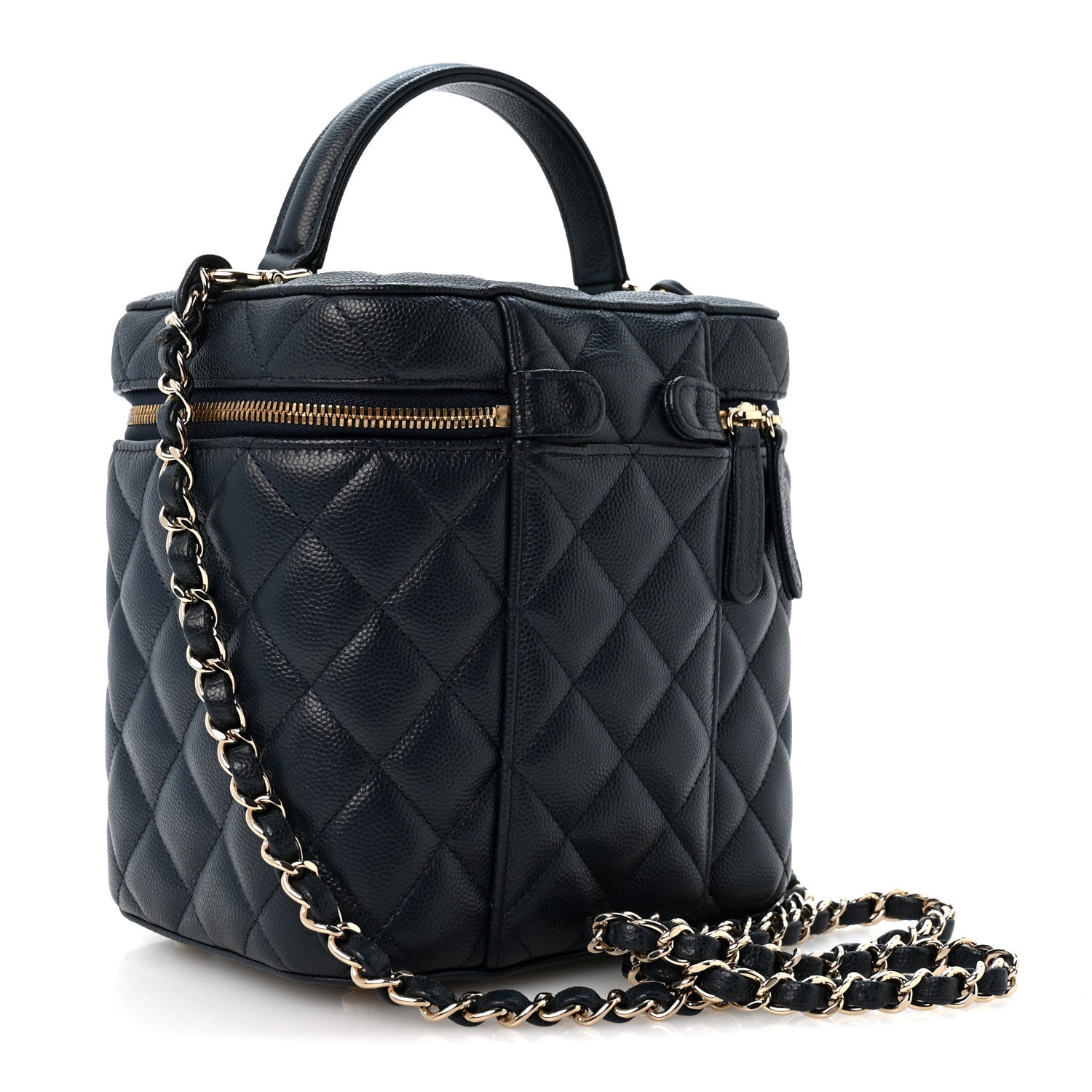 Caviar Quilted Small Top Handle Vanity Case With Chain Navy Blue — view 3