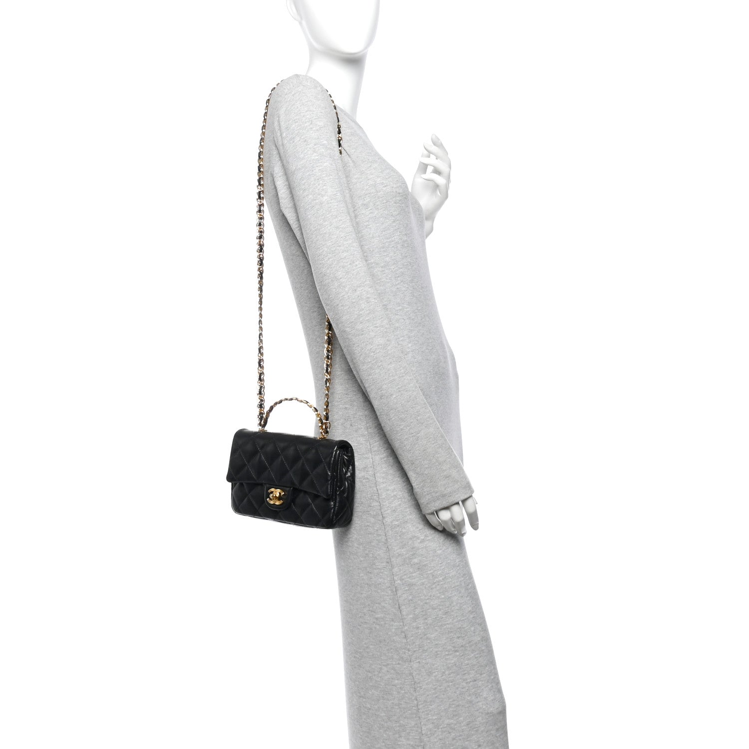 Shiny Lambskin Quilted Golden Links Top Handle Flap Black — view 2