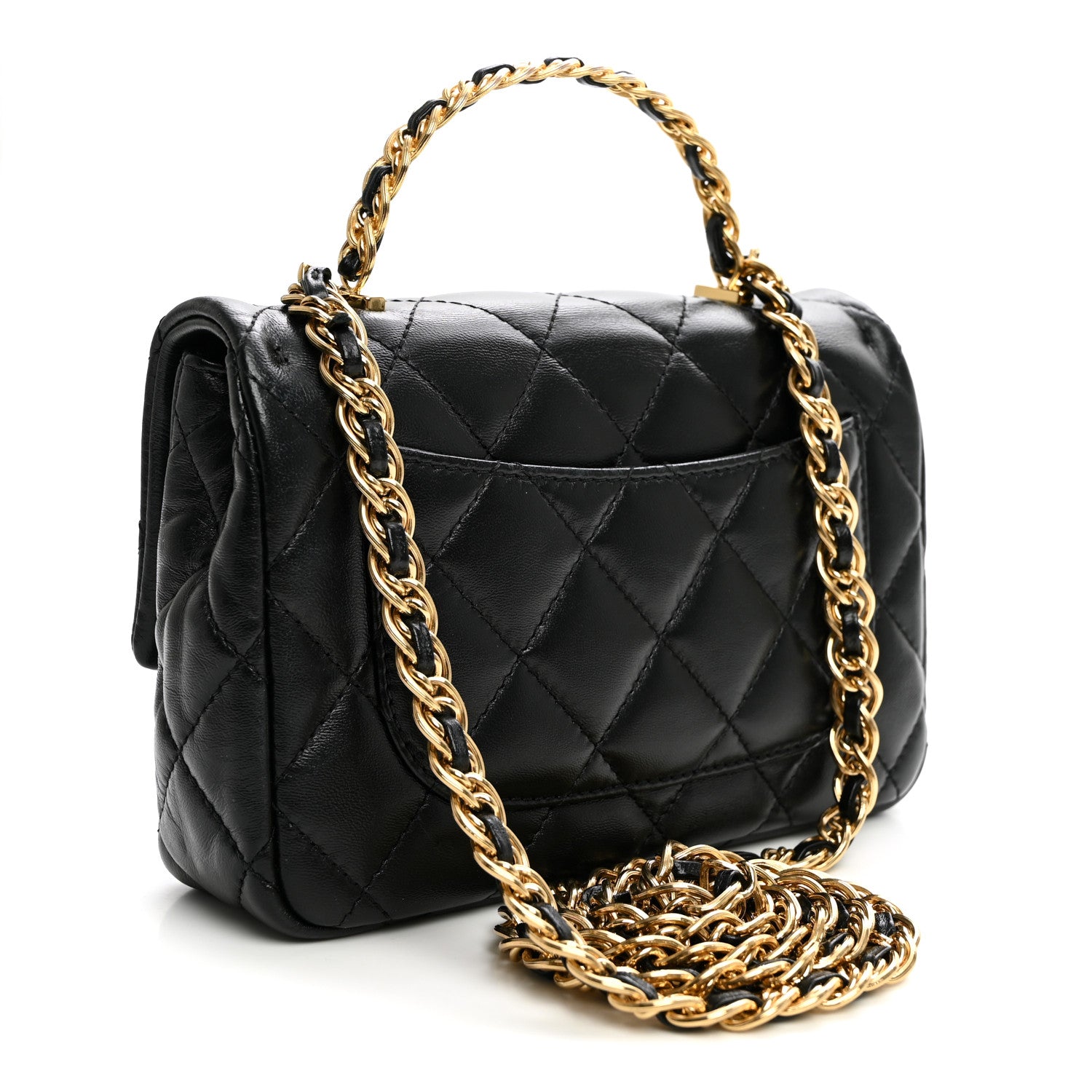 Shiny Lambskin Quilted Golden Links Top Handle Flap Black — view 3
