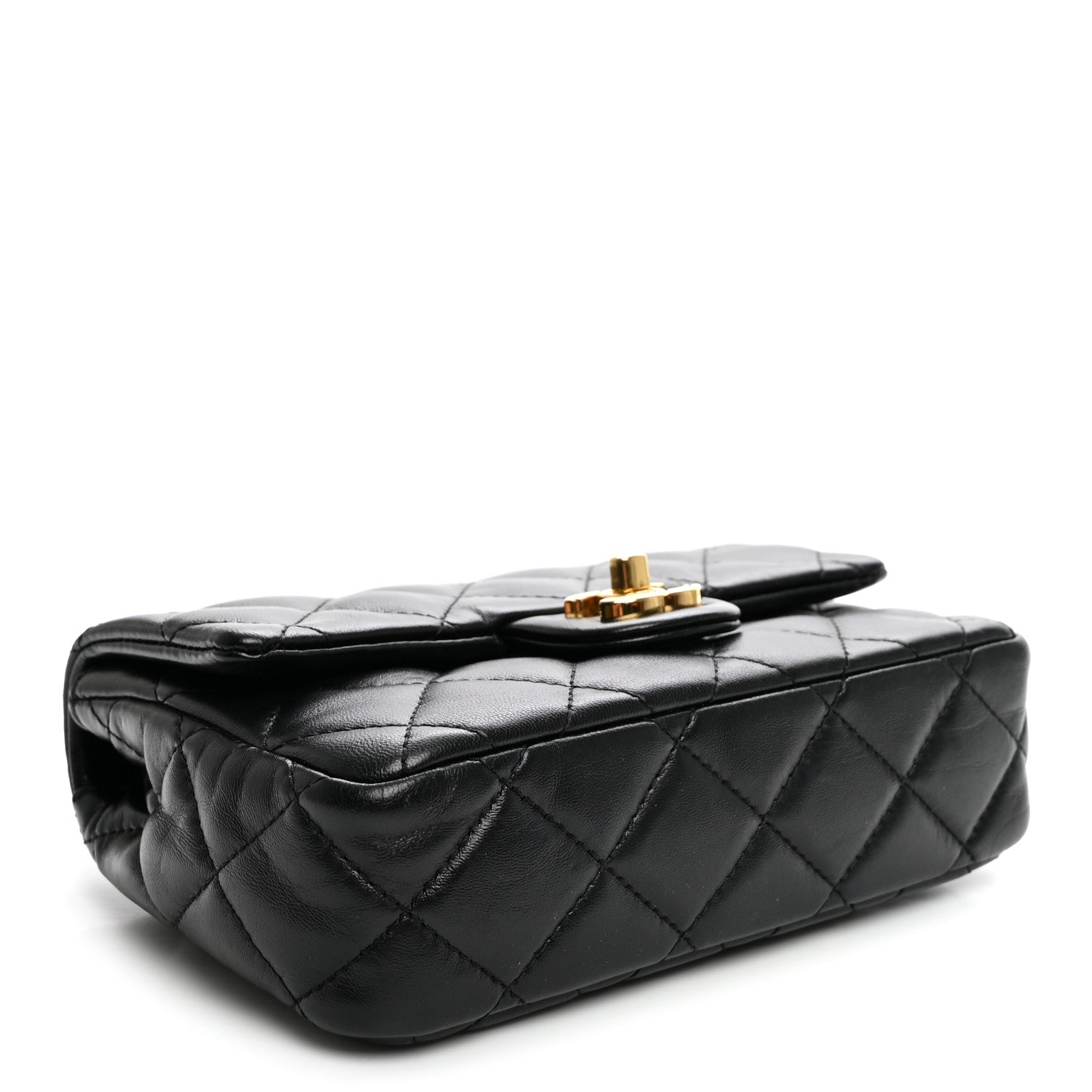 Shiny Lambskin Quilted Golden Links Top Handle Flap Black — view 4