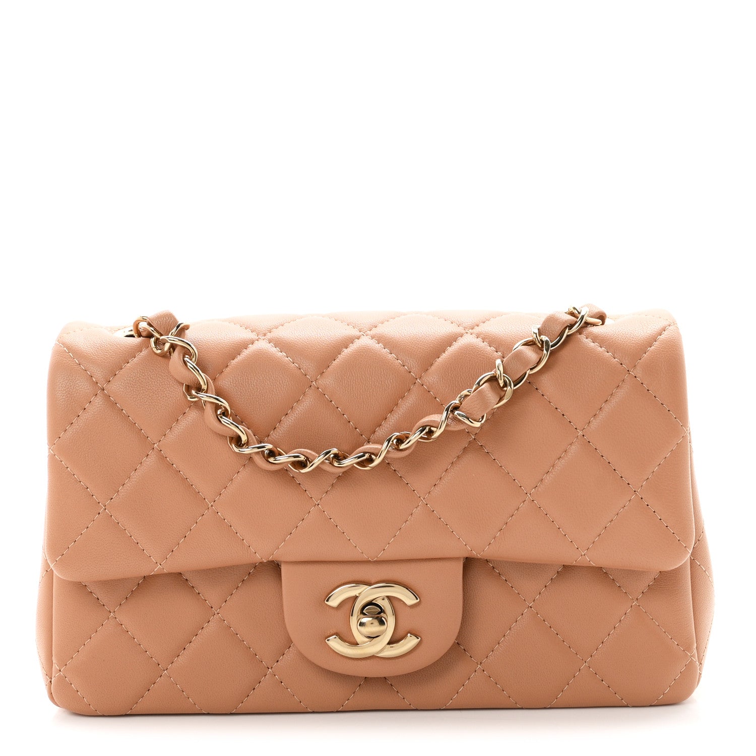 Lambskin Quilted Mini Rectangular Flap Dark Beige