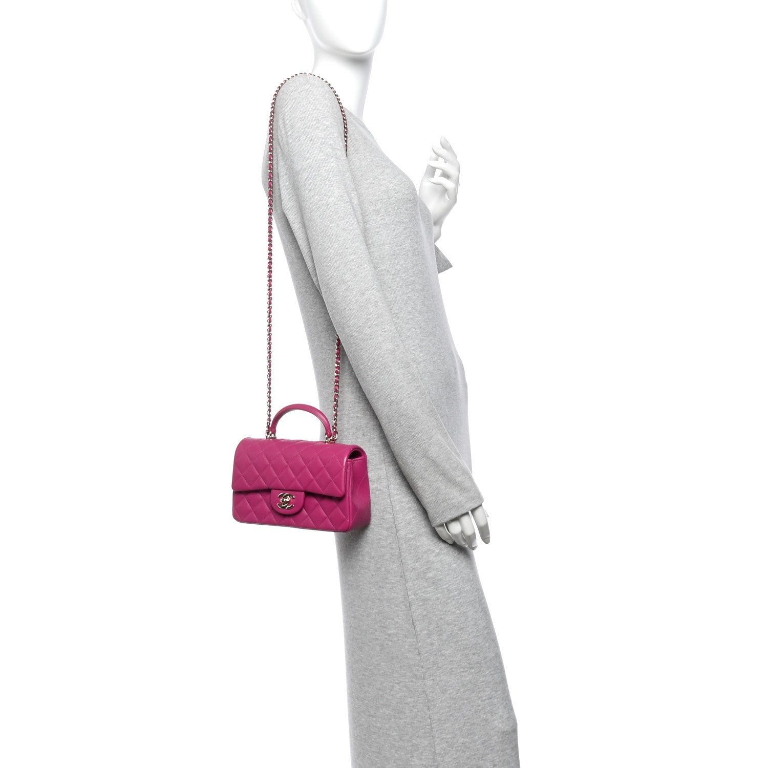 Lambskin Quilted Mini Top Handle Rectangular Flap Dark Pink — view 2