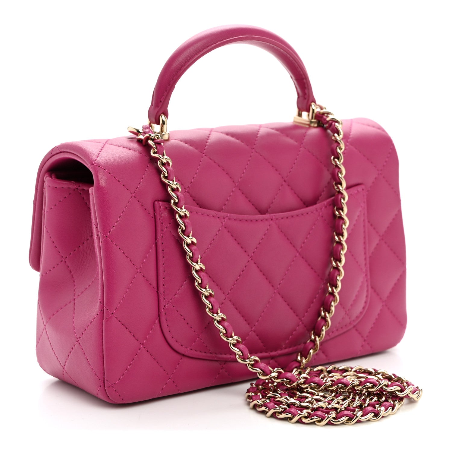 Lambskin Quilted Mini Top Handle Rectangular Flap Dark Pink — view 3