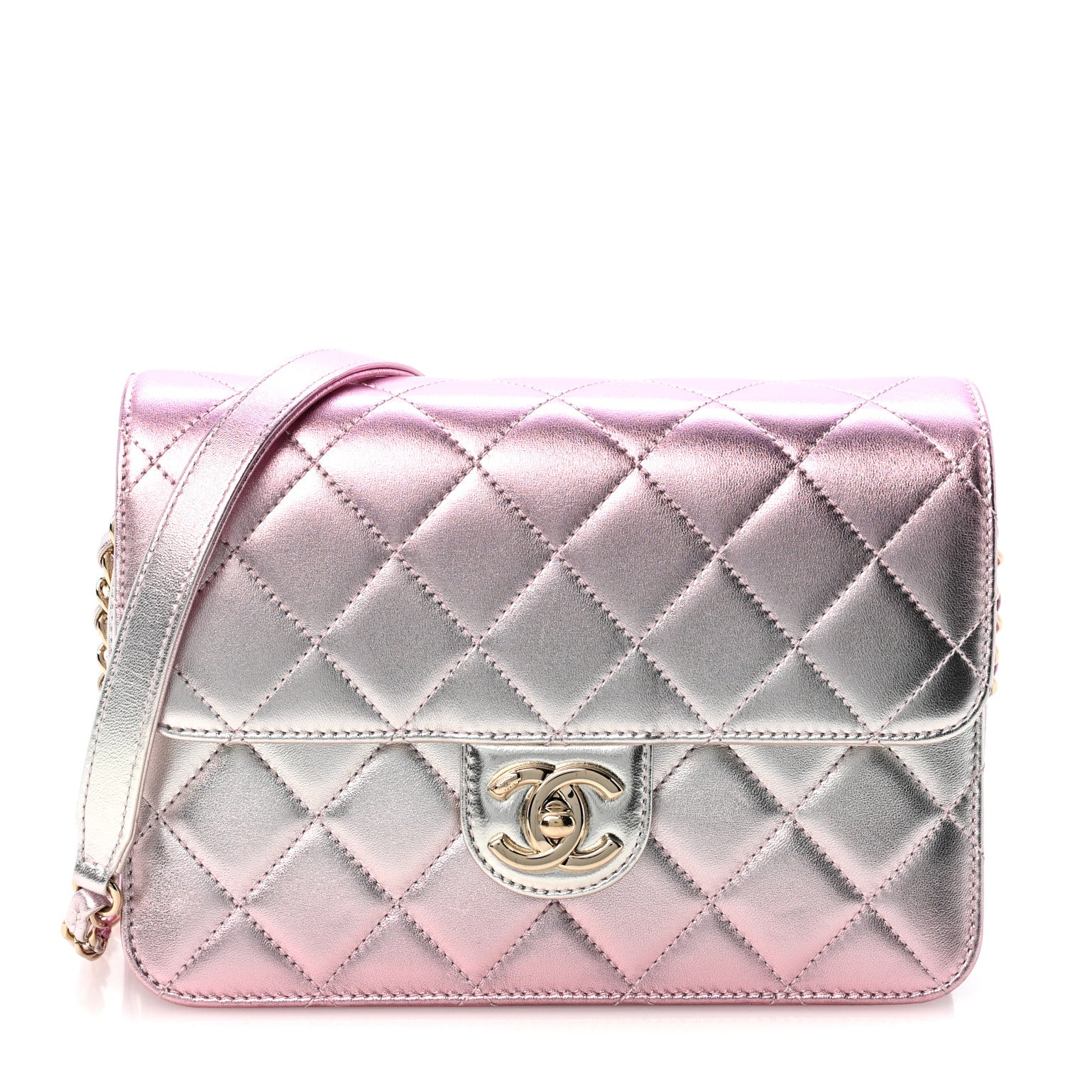 Metallic Lambskin Quilted Large Like A Wallet Flap Golden Pink