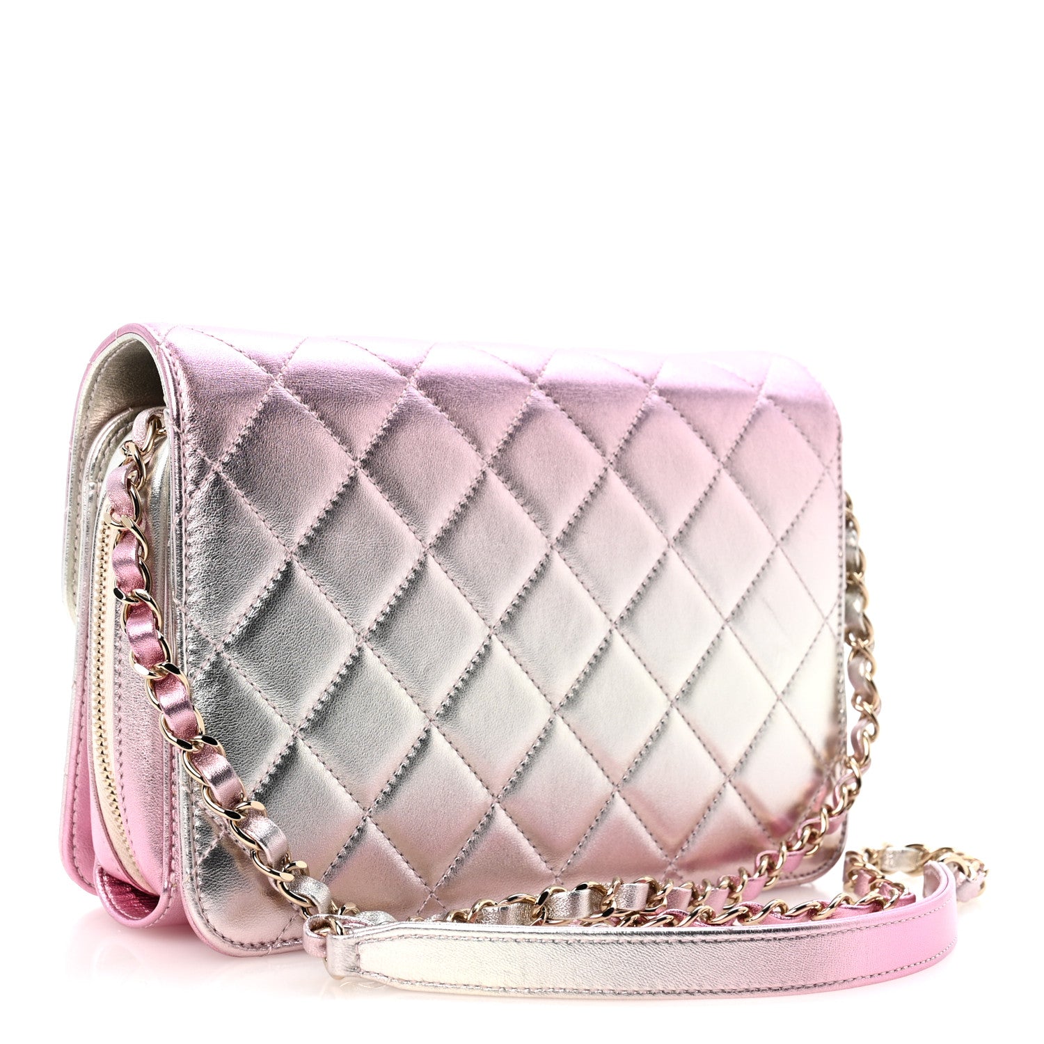 Metallic Lambskin Quilted Large Like A Wallet Flap Golden Pink — view 3