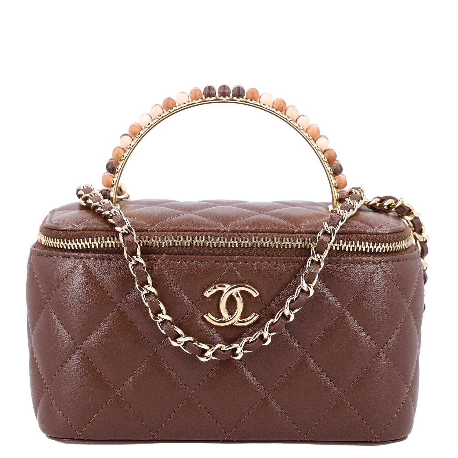 Shiny Lambskin Quilted Small Metal Wood Top Handle Vanity Case With Chain Brown