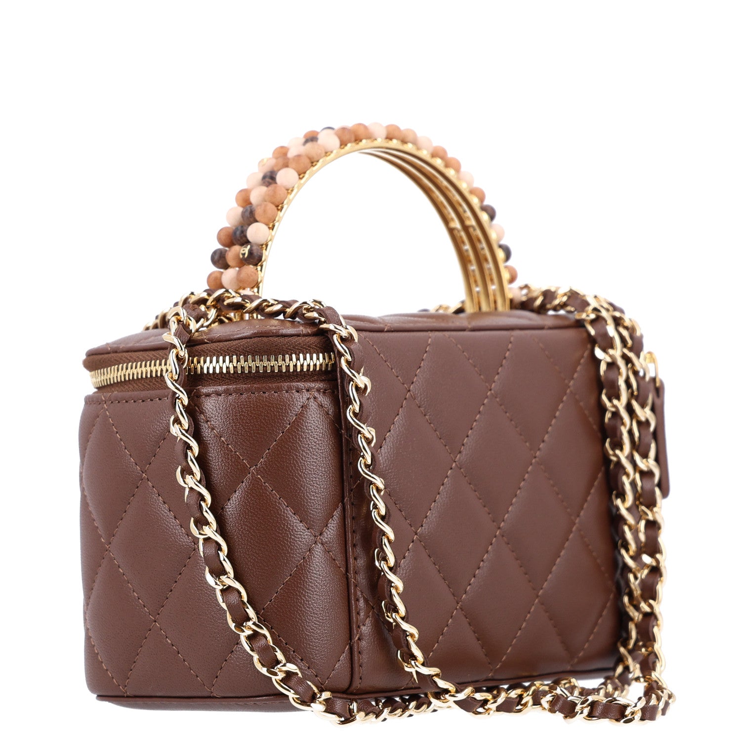 Shiny Lambskin Quilted Small Metal Wood Top Handle Vanity Case With Chain Brown — view 3