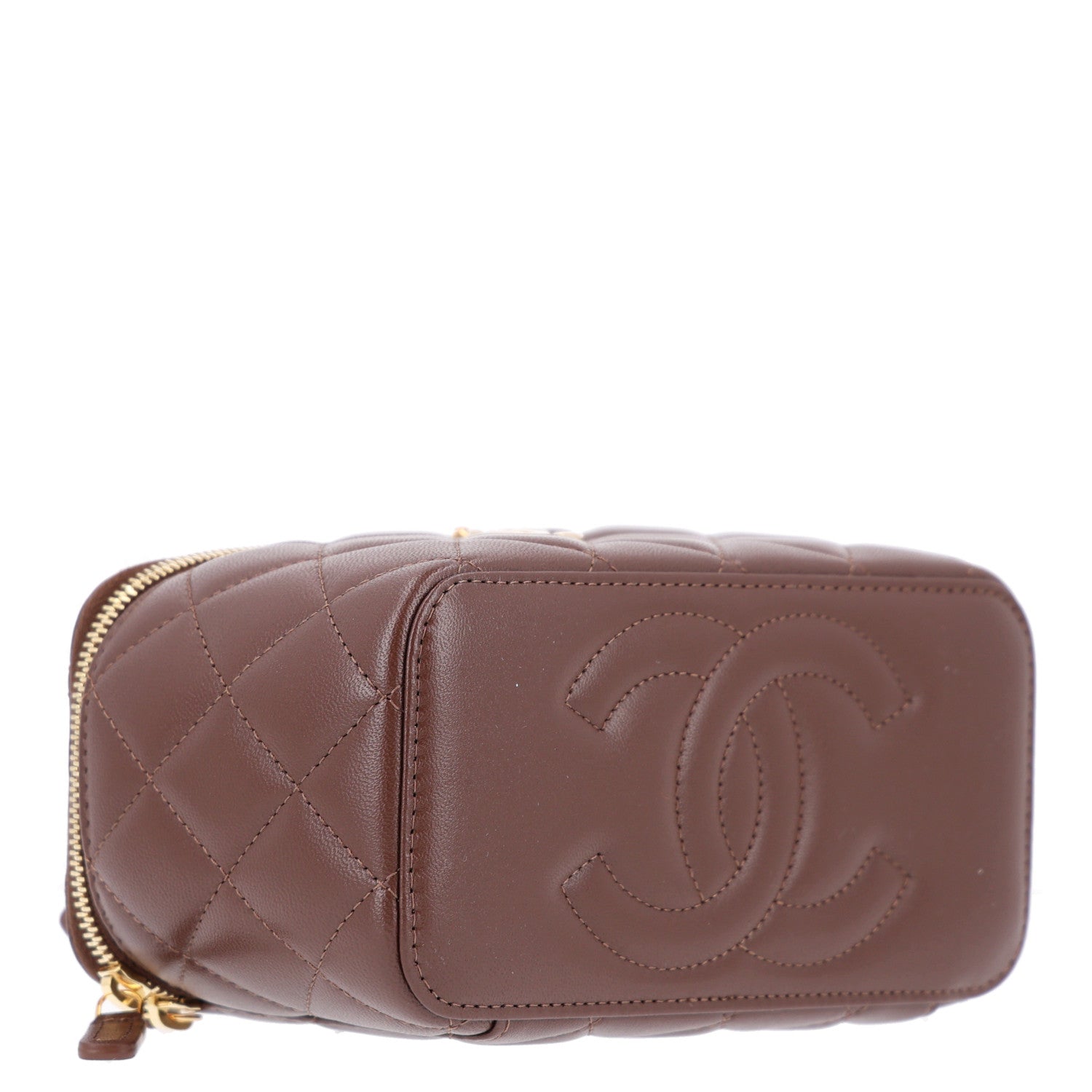 Shiny Lambskin Quilted Small Metal Wood Top Handle Vanity Case With Chain Brown — view 4