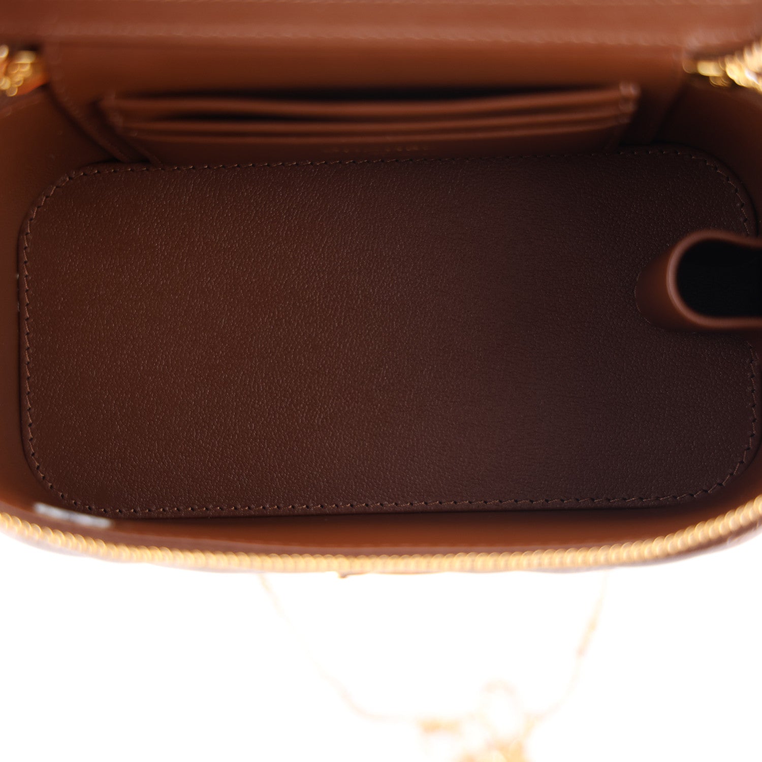 Shiny Lambskin Quilted Small Metal Wood Top Handle Vanity Case With Chain Brown — view 5