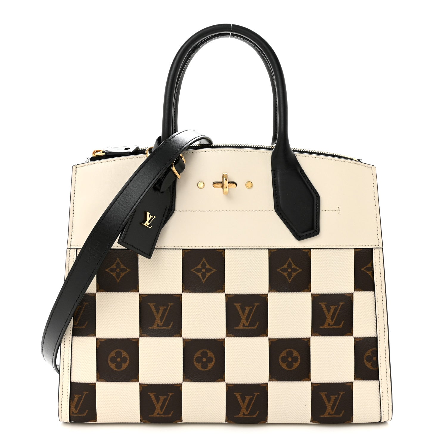 Calfskin Monogram Damier Tressage City Steamer MM Creme