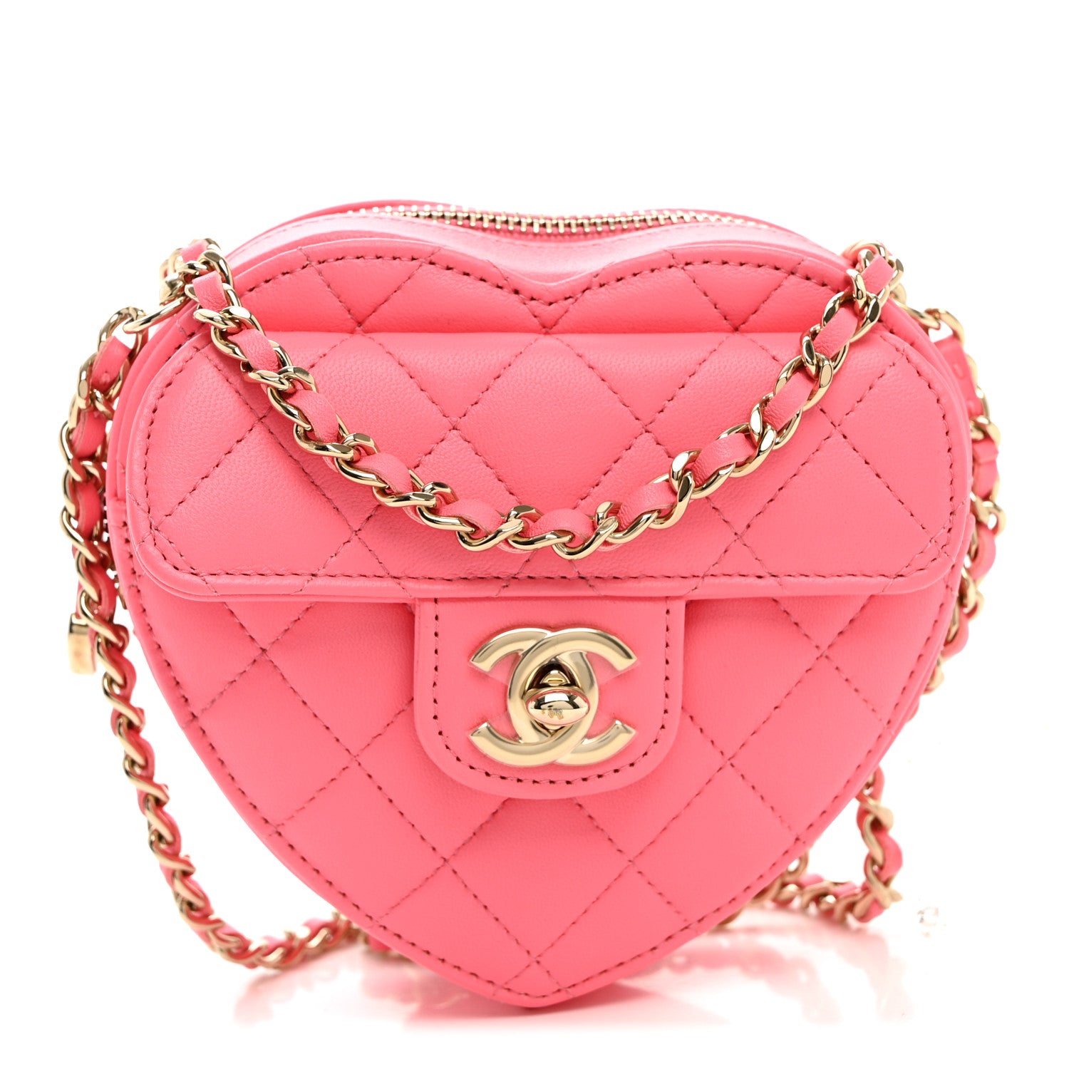 Lambskin Quilted CC In Love Heart Clutch With Chain Pink