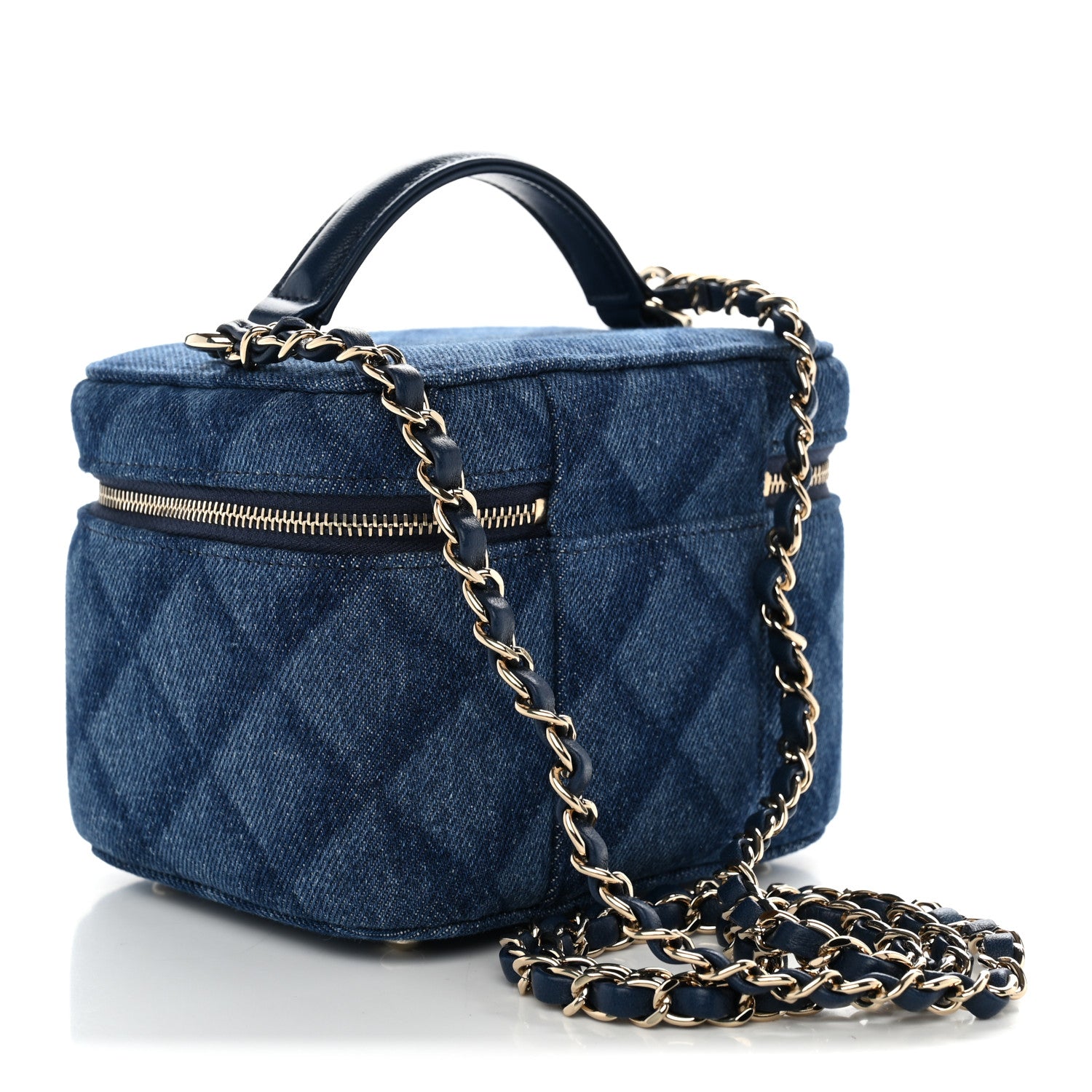 Printed Denim Quilted Mini Top Handle Vanity Case With Chain Dark Blue — view 3