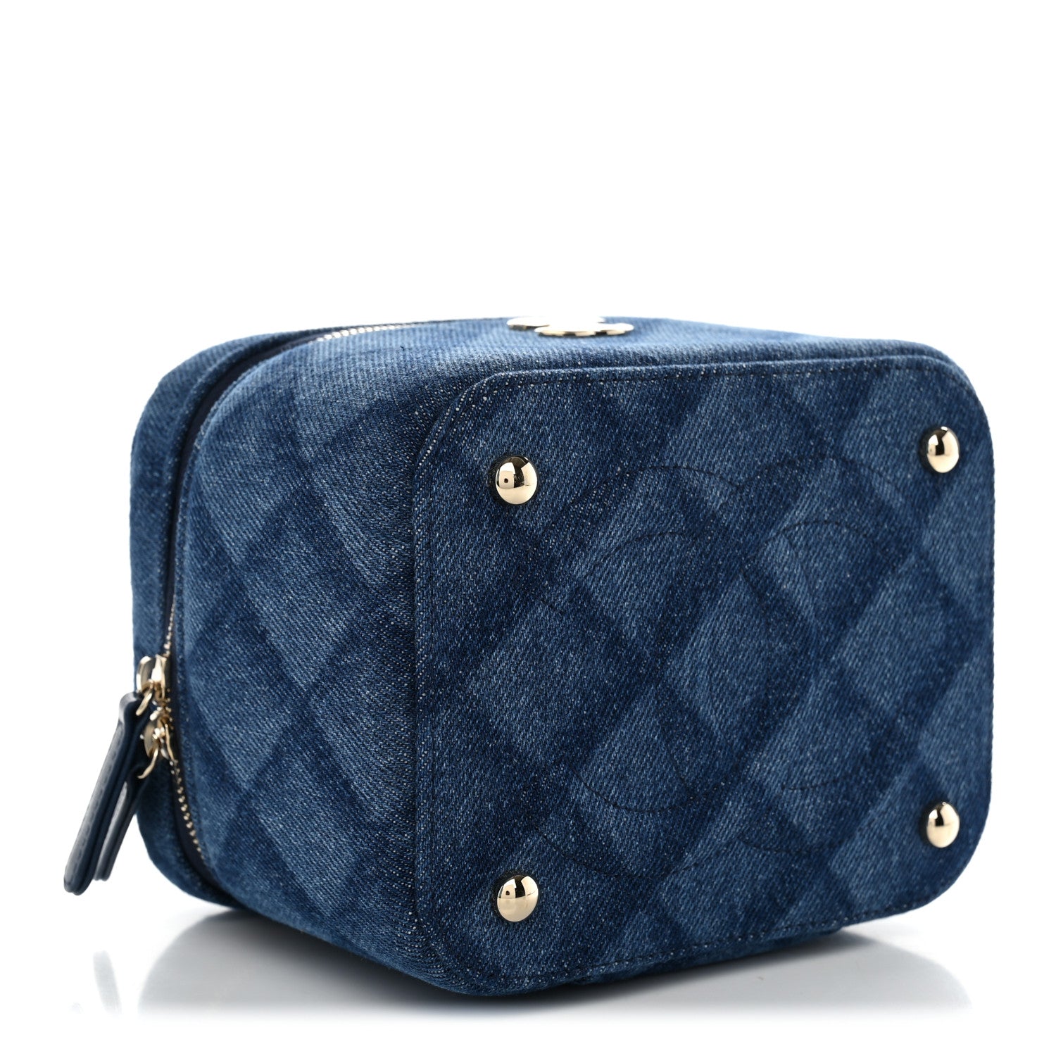Printed Denim Quilted Mini Top Handle Vanity Case With Chain Dark Blue — view 4