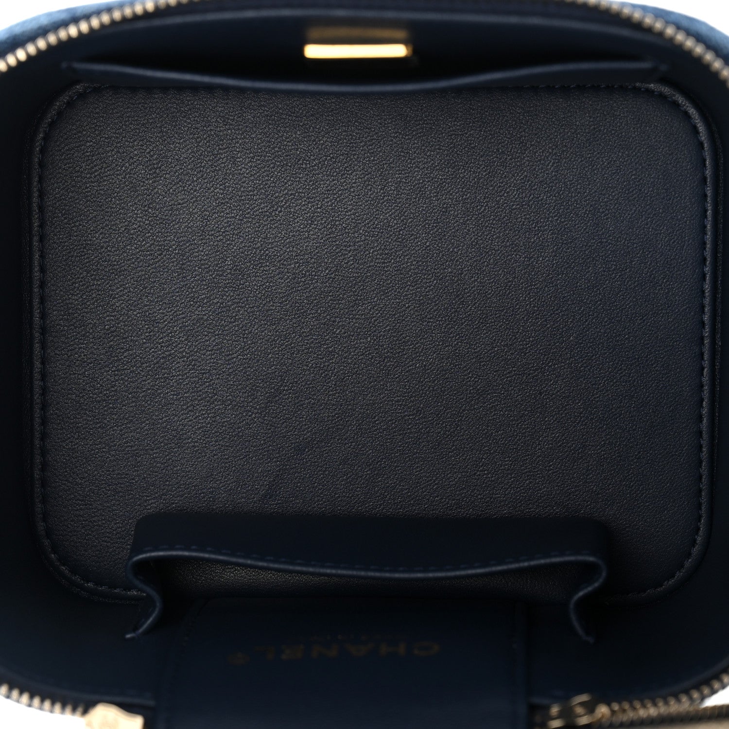 Printed Denim Quilted Mini Top Handle Vanity Case With Chain Dark Blue — view 5
