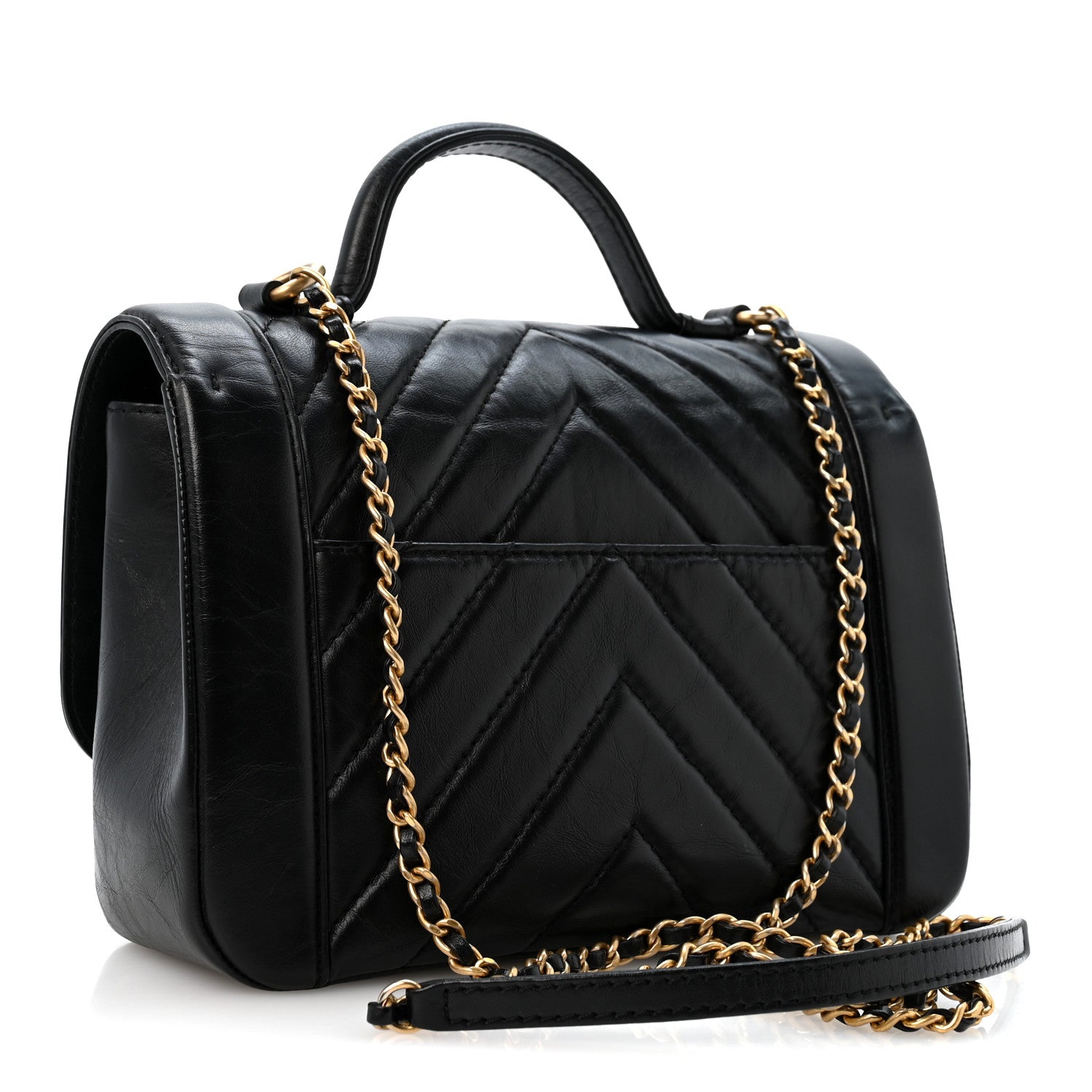 Calfskin Chevron Quilted Top Handle Flap Black — view 3