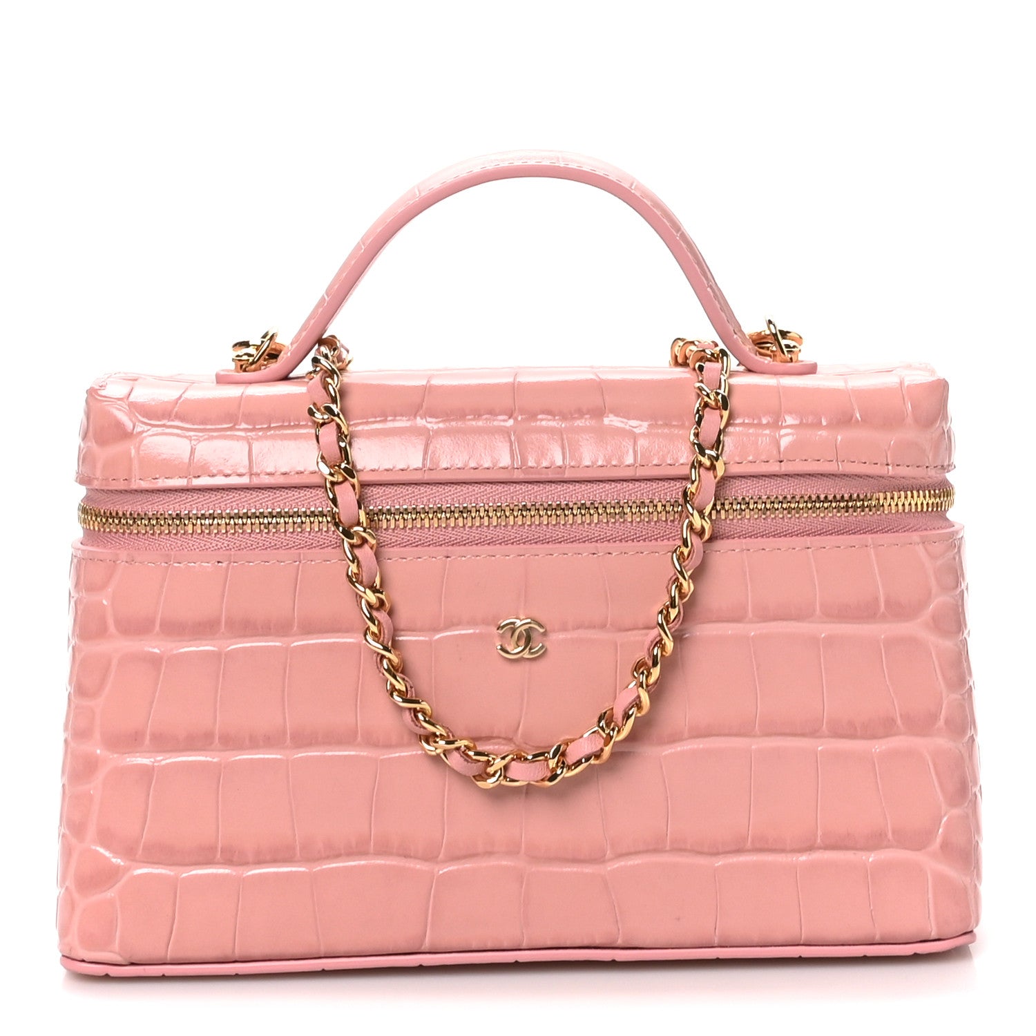 Calfskin Crocodile Embossed Top Handle Vanity Case With Chain Pink — view 1