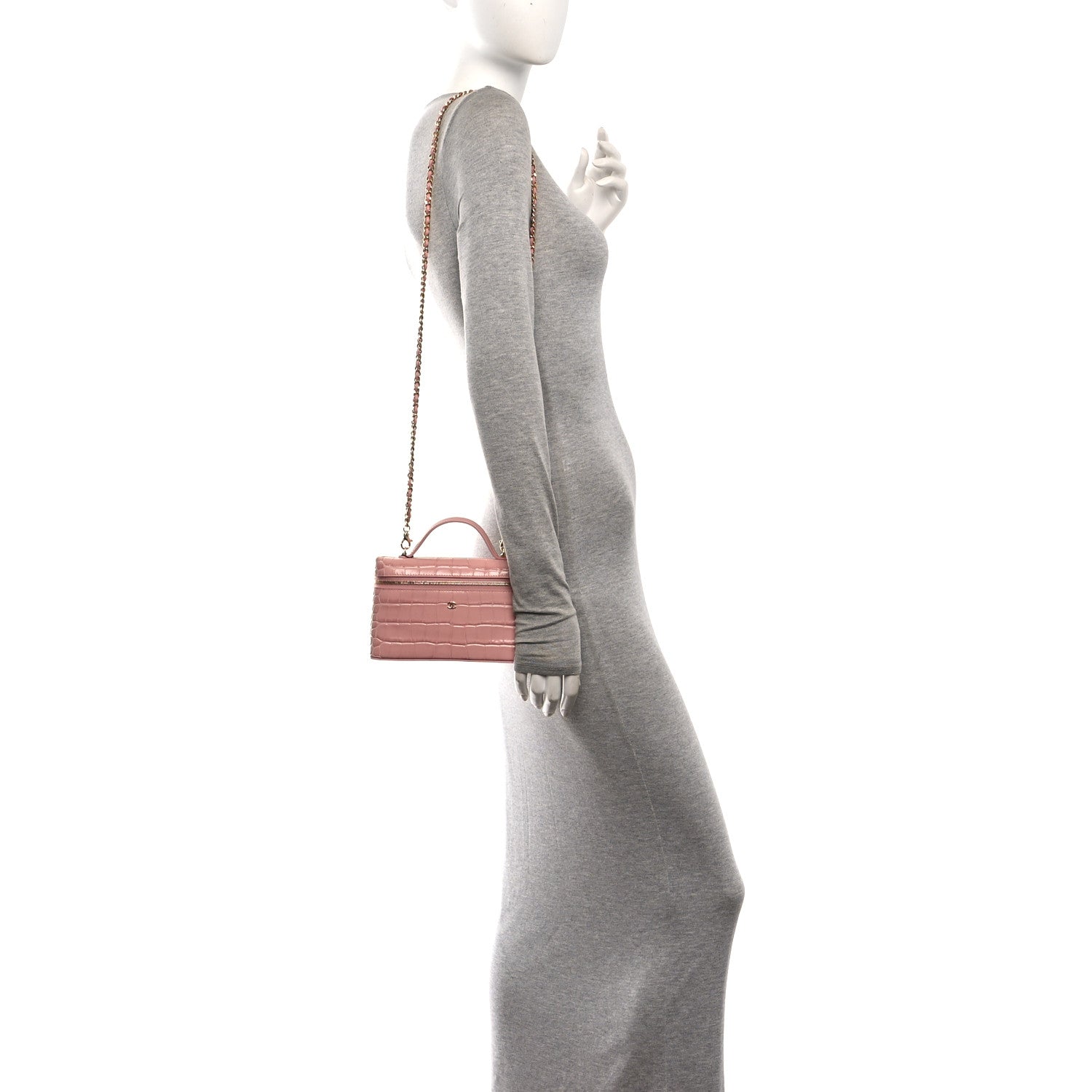 Calfskin Crocodile Embossed Top Handle Vanity Case With Chain Pink — view 2