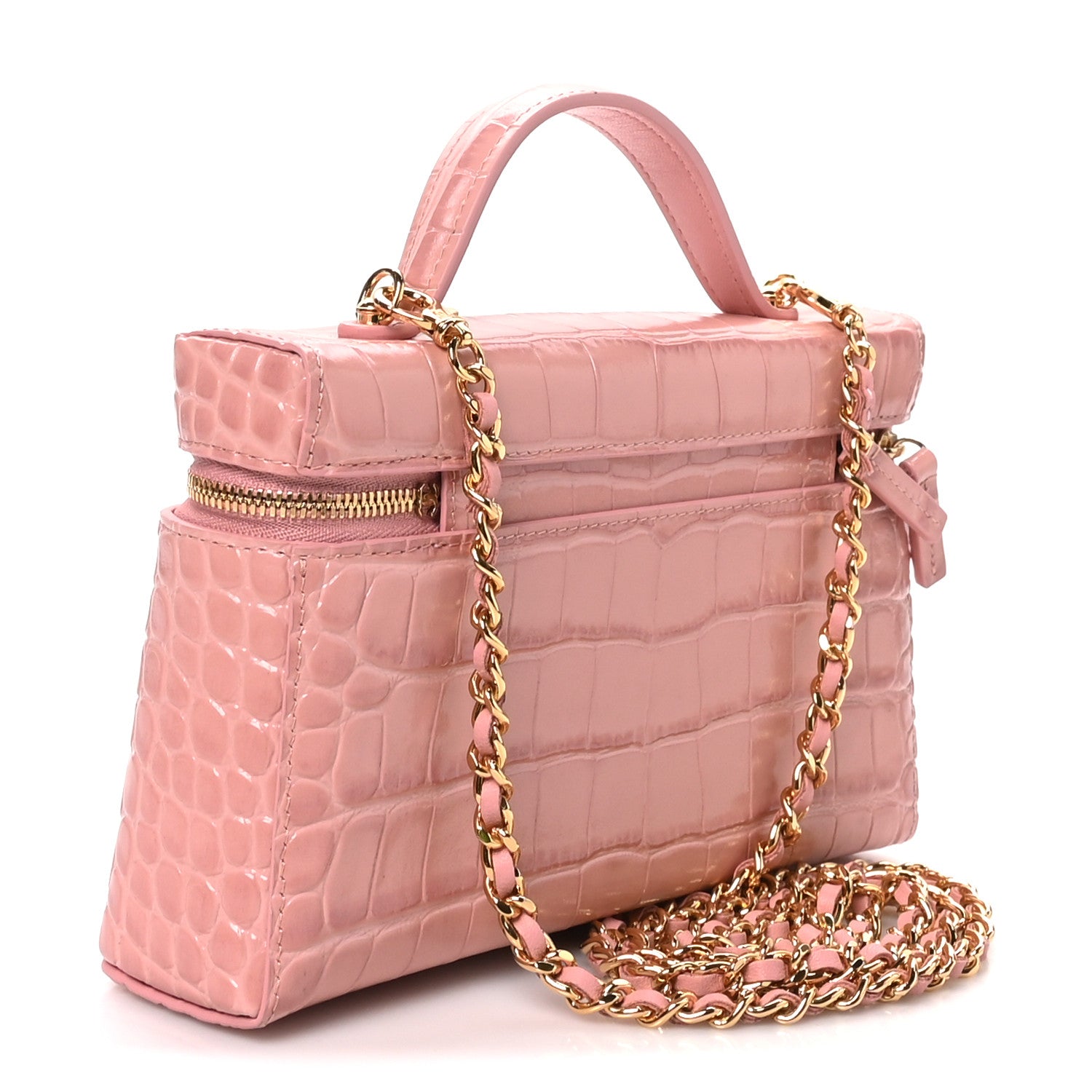 Calfskin Crocodile Embossed Top Handle Vanity Case With Chain Pink — view 3