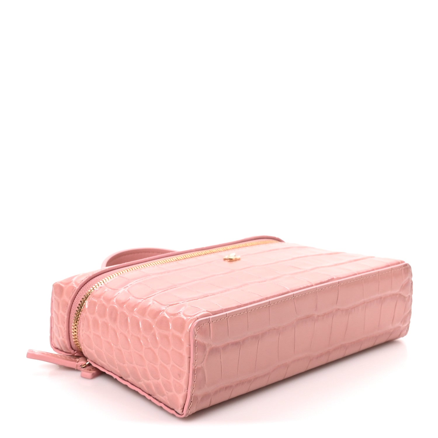Calfskin Crocodile Embossed Top Handle Vanity Case With Chain Pink — view 4