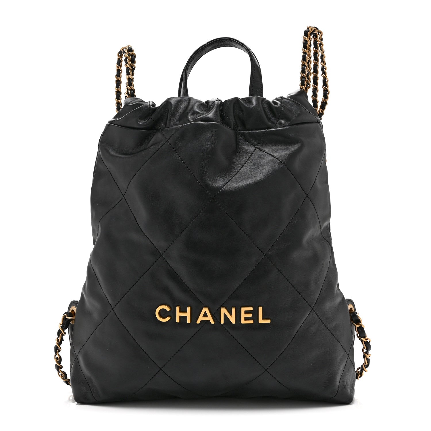 Shiny Calfskin Quilted Chanel 22 Backpack Black