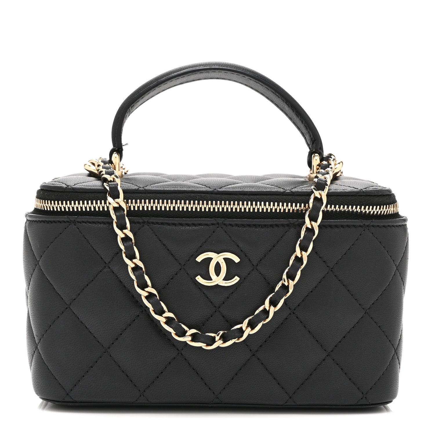 Lambskin Quilted Small Top Handle Vanity Case With Chain Black